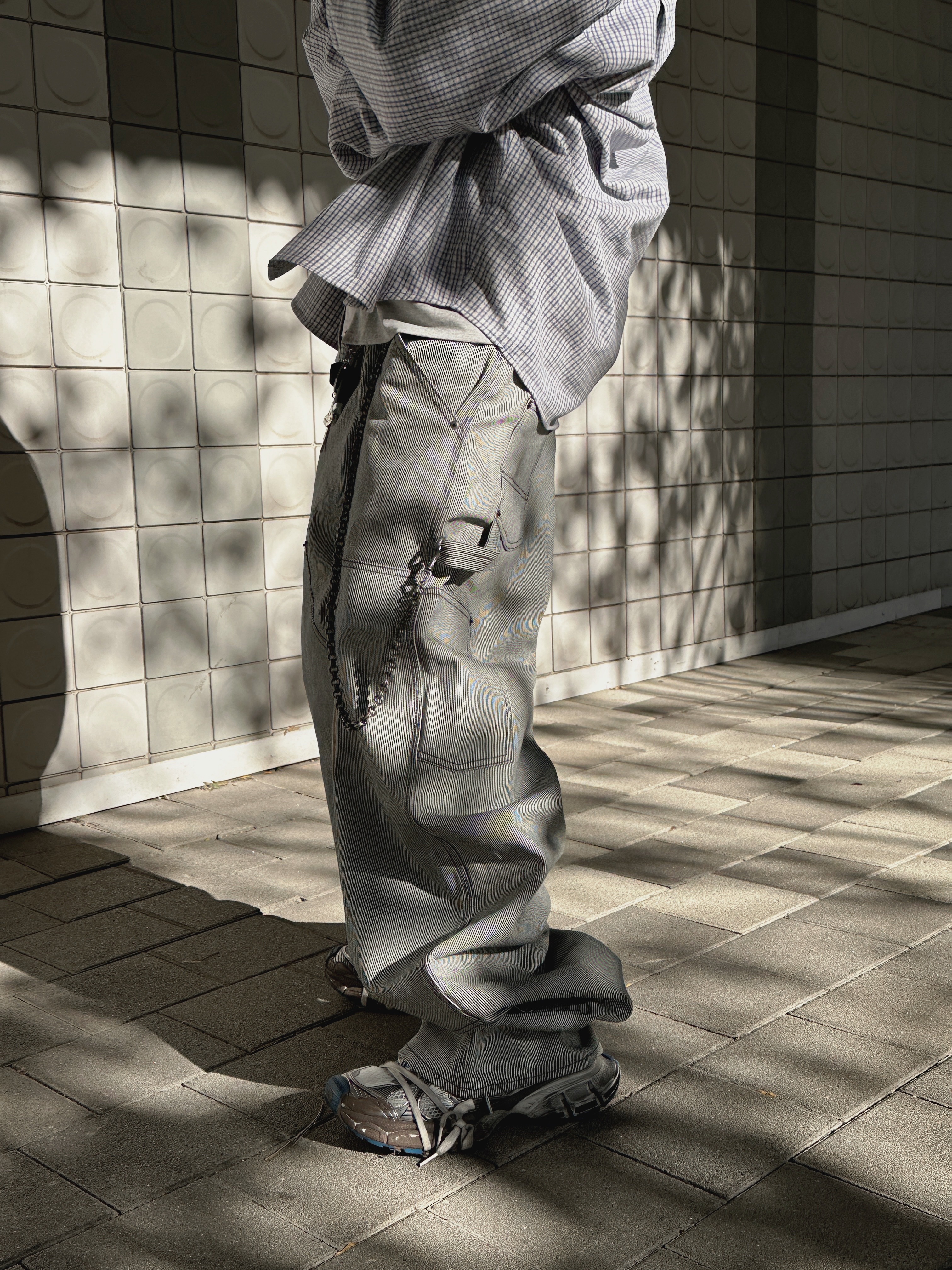 Undermycar Stripe Engineers Double Knee Work Pants Black Stripe - 24FW, Nonnod Flexible String Check Shirt Sky Blue 착용 스타일 - 5