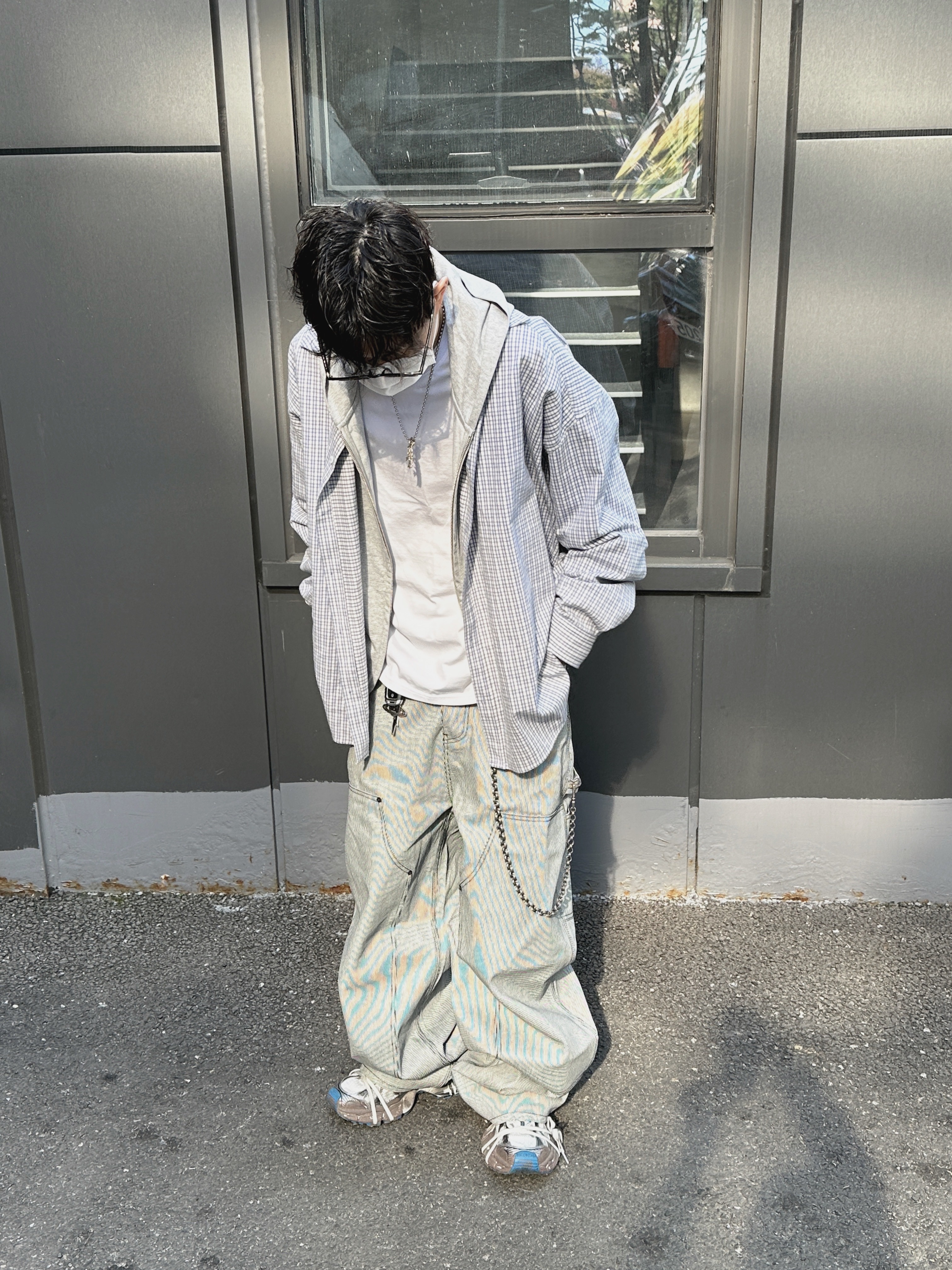 Undermycar Stripe Engineers Double Knee Work Pants Black Stripe - 24FW, Nonnod Flexible String Check Shirt Sky Blue 착용 스타일 - 2