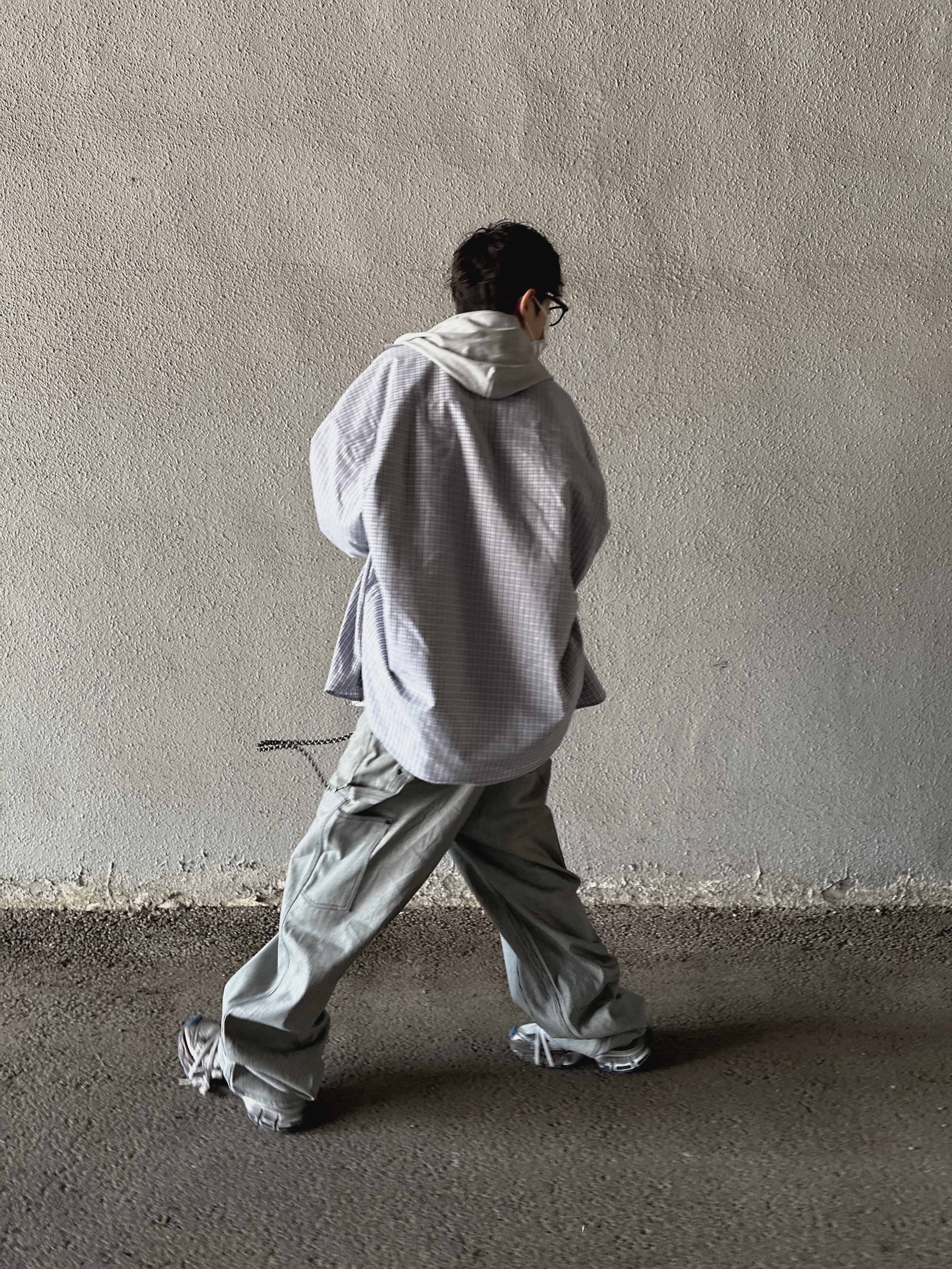 Undermycar Stripe Engineers Double Knee Work Pants Black Stripe - 24FW, Nonnod Flexible String Check Shirt Sky Blue 착용 스타일 - 3