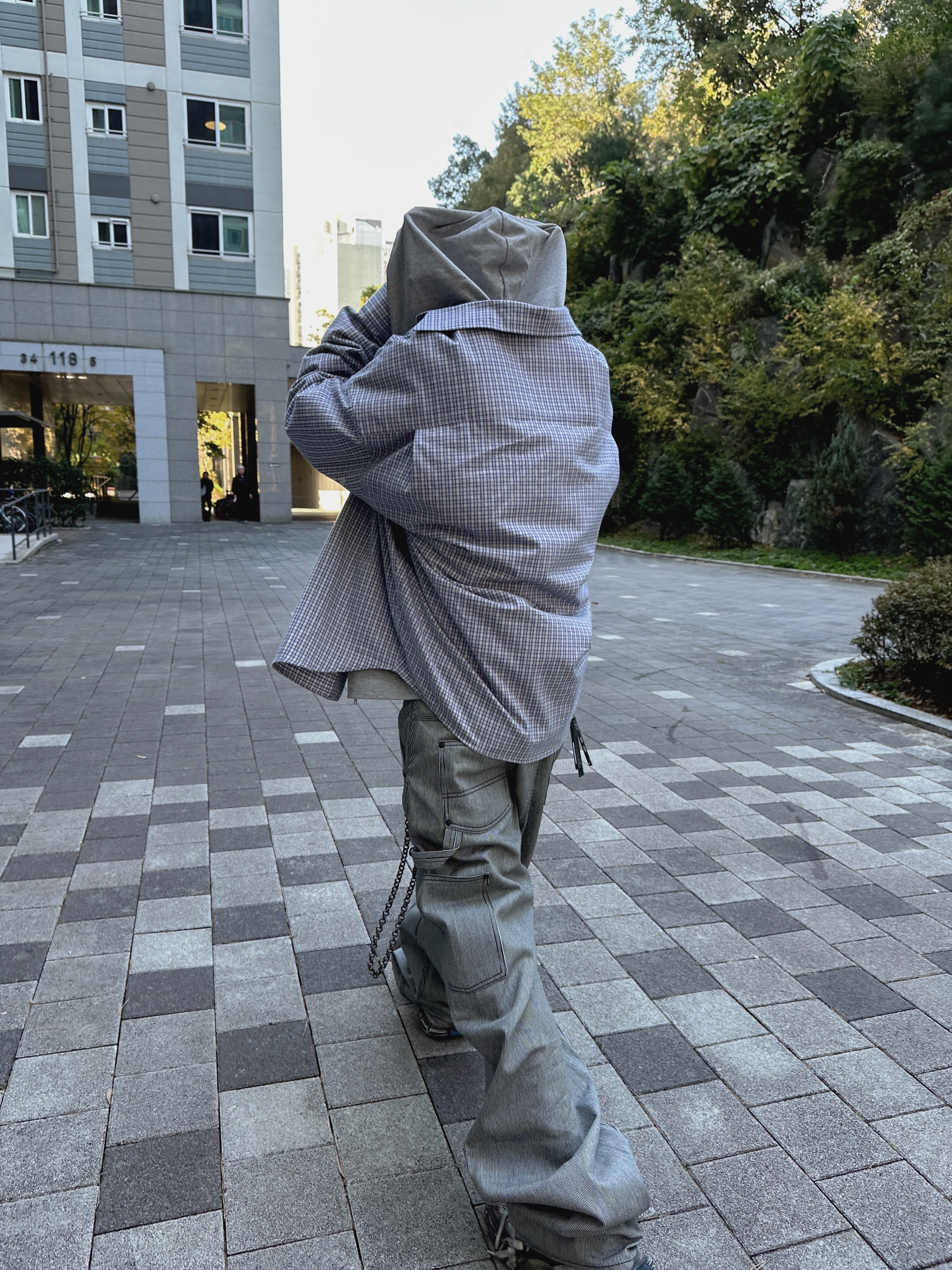 Undermycar Stripe Engineers Double Knee Work Pants Black Stripe - 24FW, Nonnod Flexible String Check Shirt Sky Blue 착용 스타일 - 4