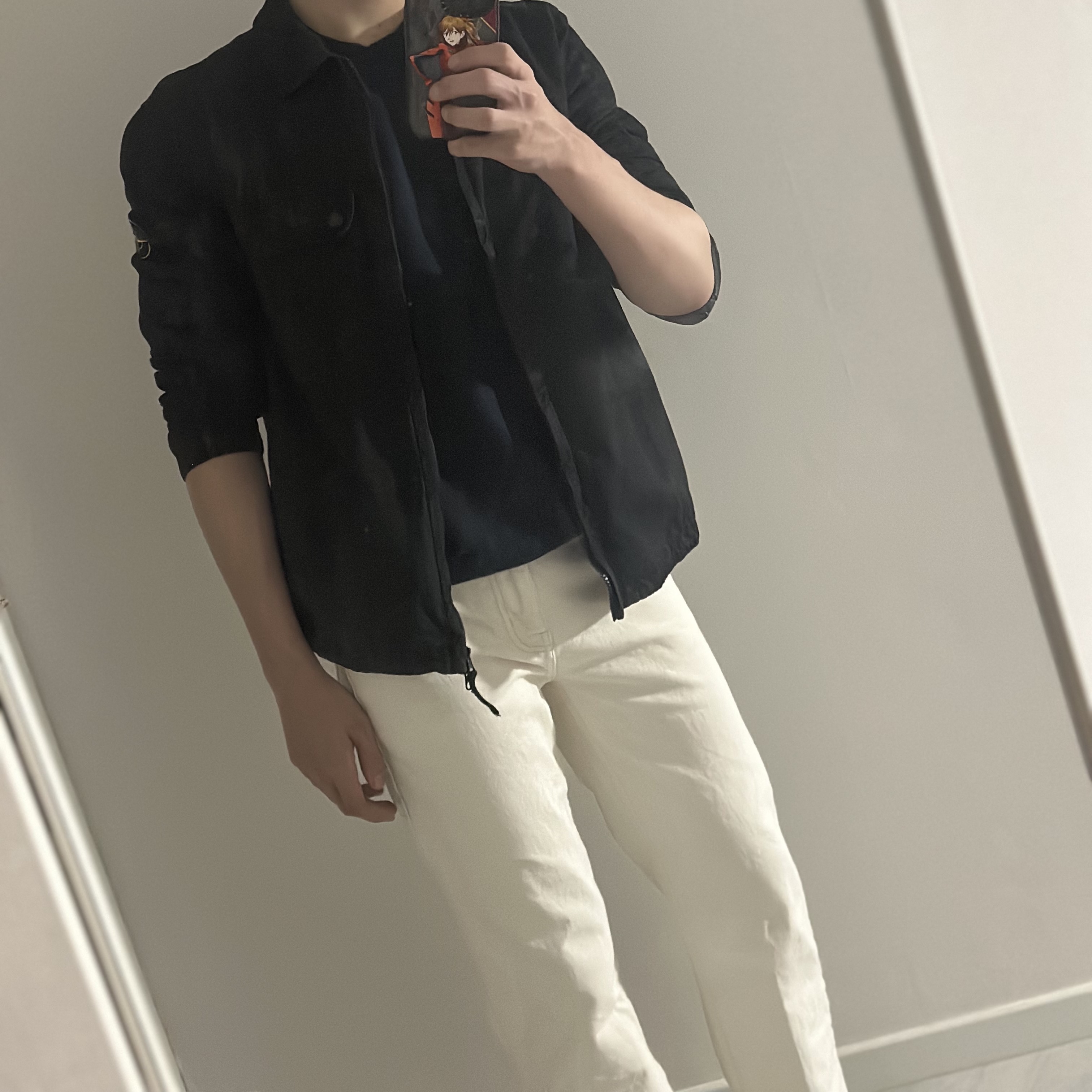 Stone Island 10812 Stretch Cotton Satin Garment Dyed Overshirt Black - 24SS, Thom Browne Milano Stitch 4-Bar Crewneck Pullover Knit Navy 착용 스타일