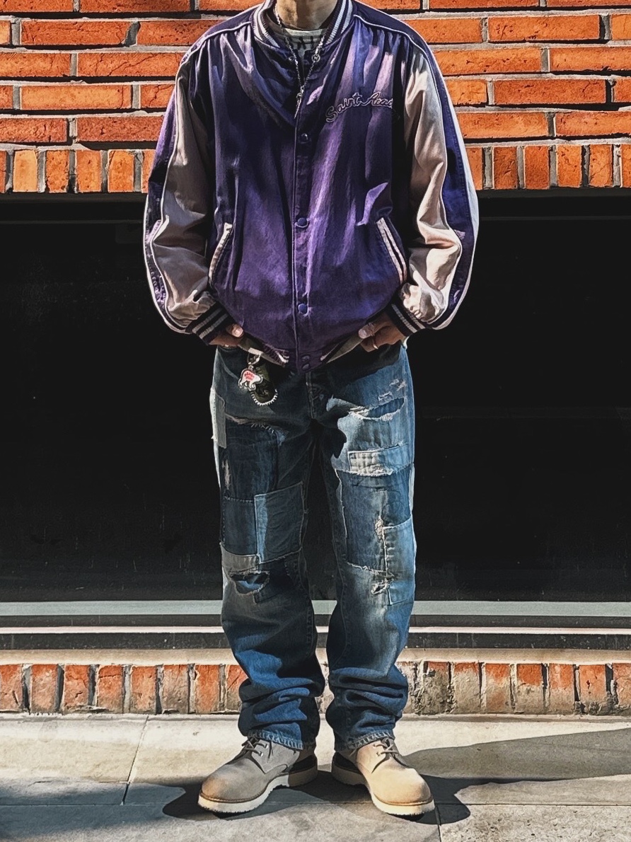 Saint Mxxxxxx x Shermer Academy Sukajan Stadium Jacket Purple Pink - 22FW, Kapital 14 oz. Denim 5P Monkey Cisco Indigo 착용 스타일 - 1