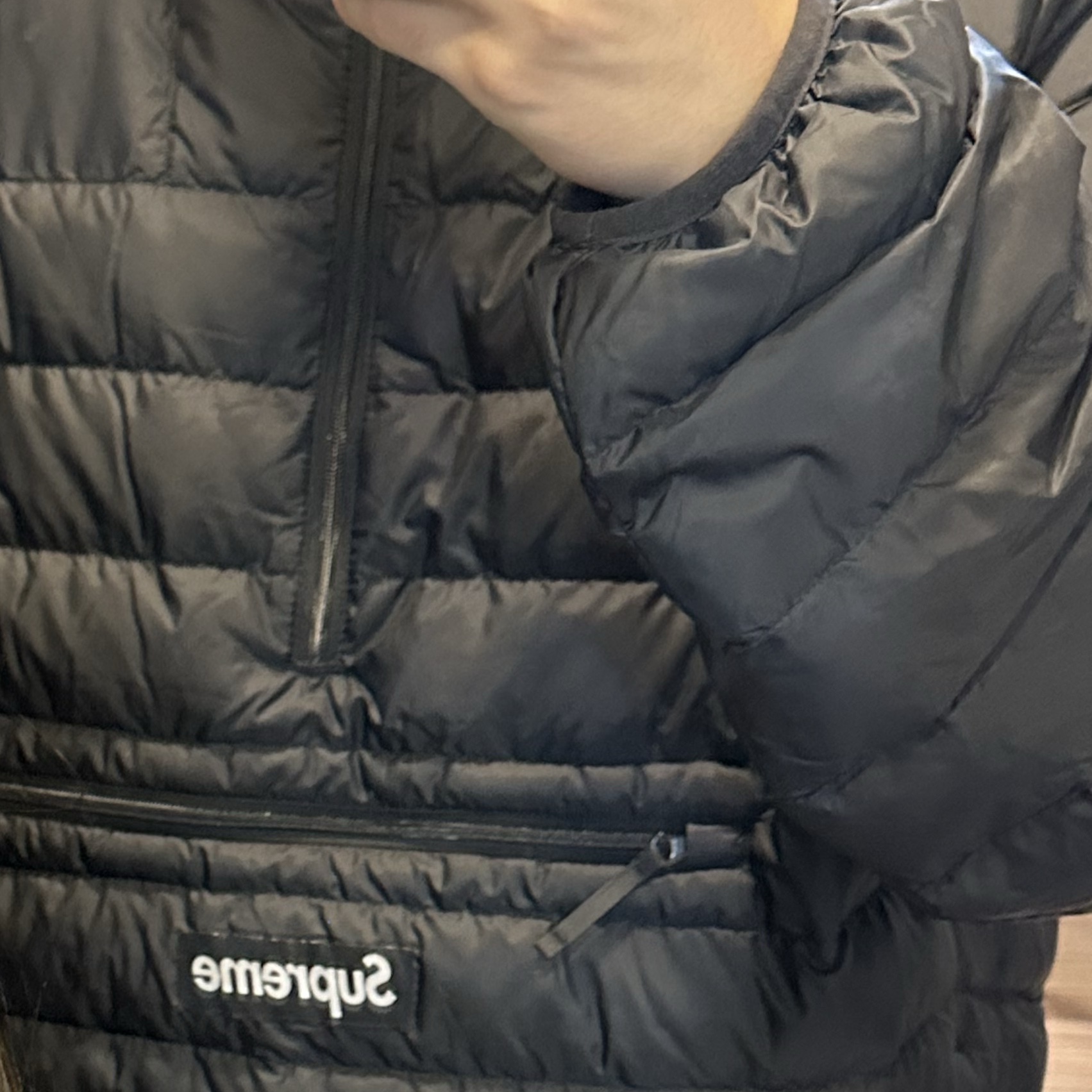 Supreme Micro Down Half Zip Hooded Pullover Black - 24FW 착용 스타일