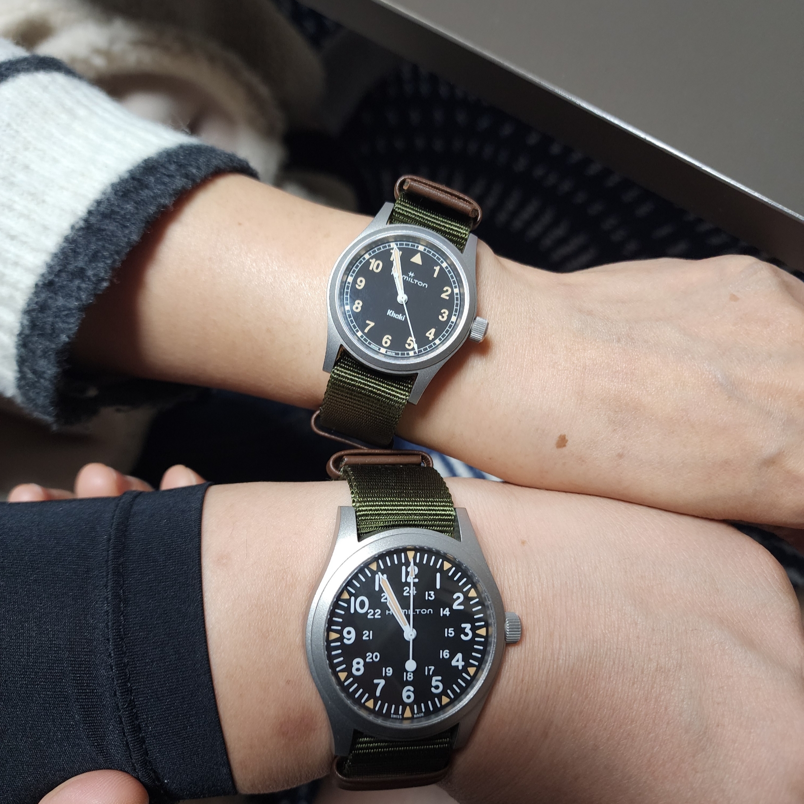 Hamilton Khaki Field Mechanical 42mm Nato Strap Green Black 착용 스타일