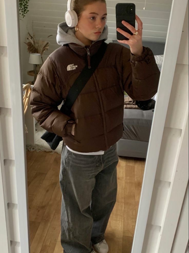 The North Face On Ball Jacket Black, (W) The North Face White Label Novelty Nuptse Down Jacket Cocoa Brown 착용 스타일 - 5