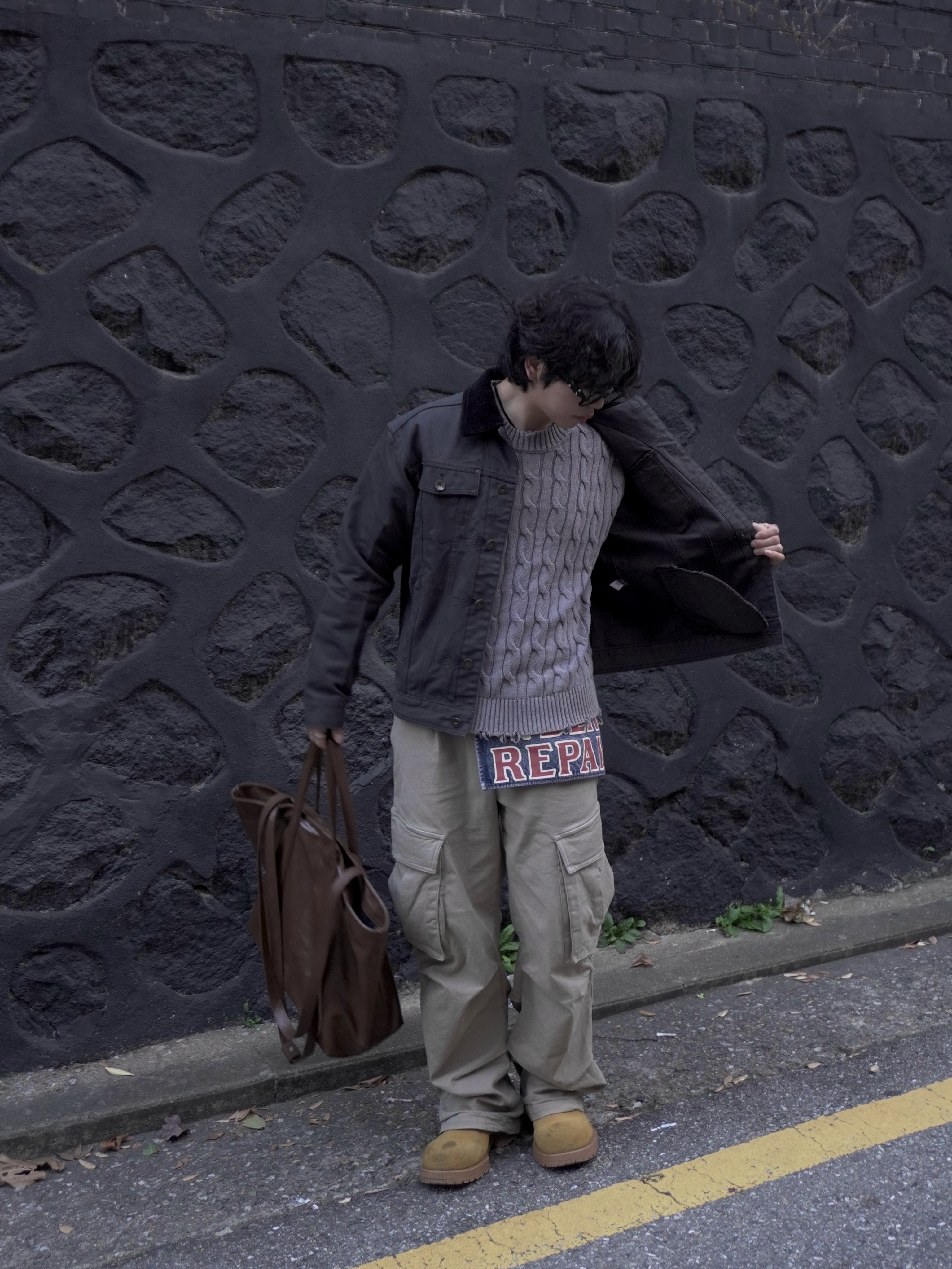 Kapital 13 oz. Denim Damaged Denim Repairspt Short Ad Apron Yellow (Processing), Kapital 13 oz. Denim Damaged Denim Repairspt Short Ad Apron Indigo (Processing) 착용 스타일 - 1