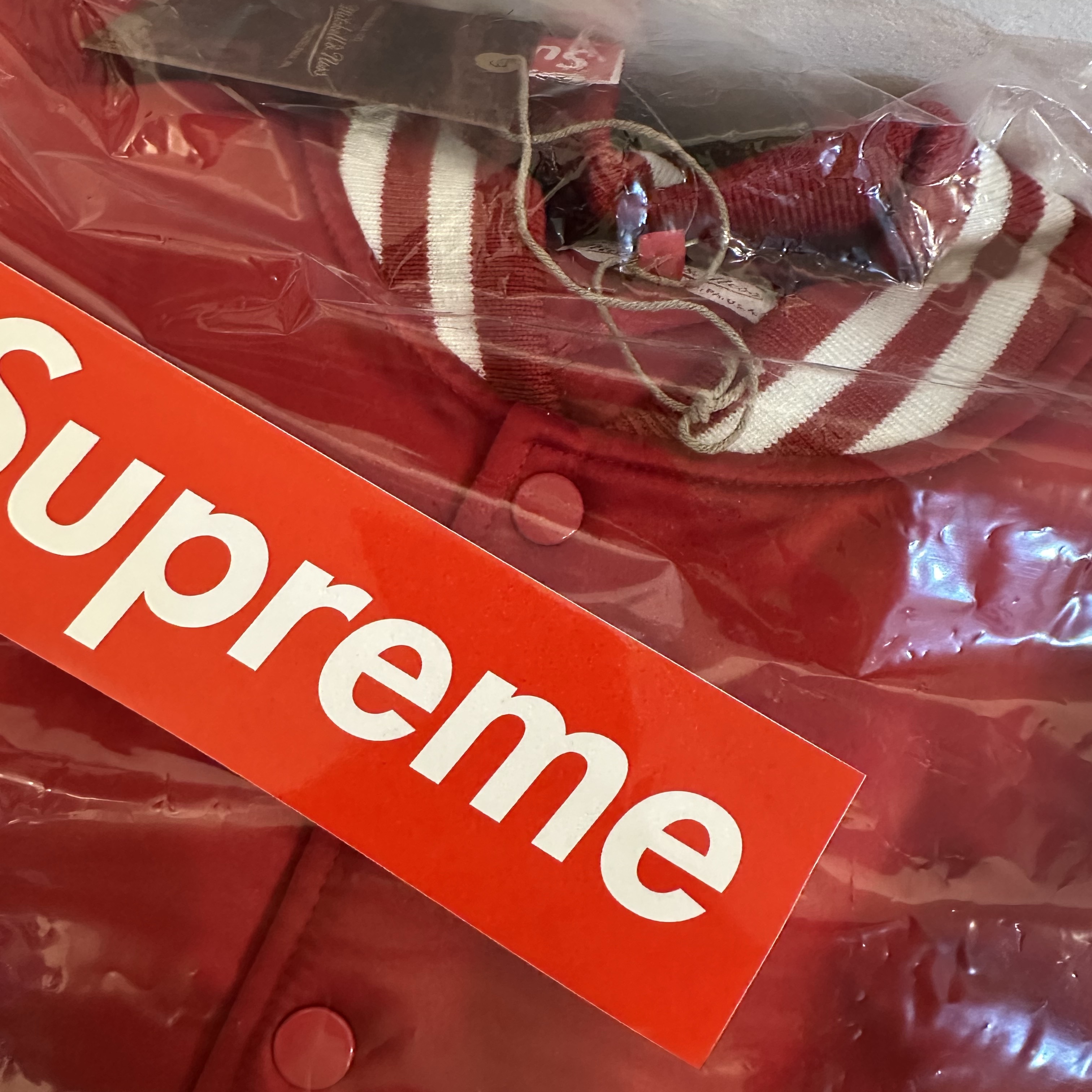 Supreme Mitchell & Ness Satin Varsity Jacket Red - 24FW 착용 스타일