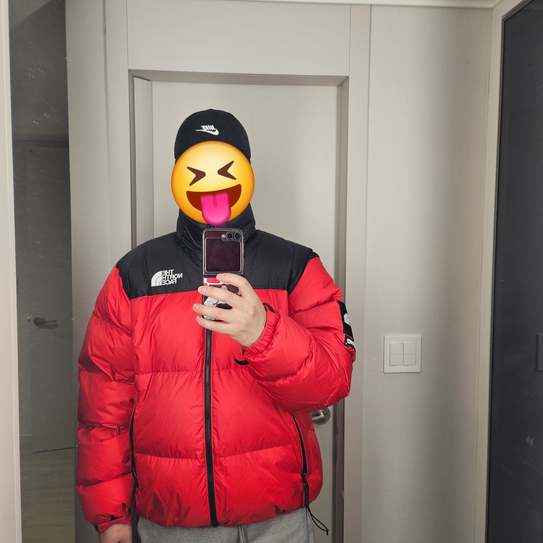 Supreme x The North Face Nuptse Jacket Red - 24FW, Nike x Stussy NRG Fleece Pants Dark Grey Heather (DO9340-063) 착용 스타일