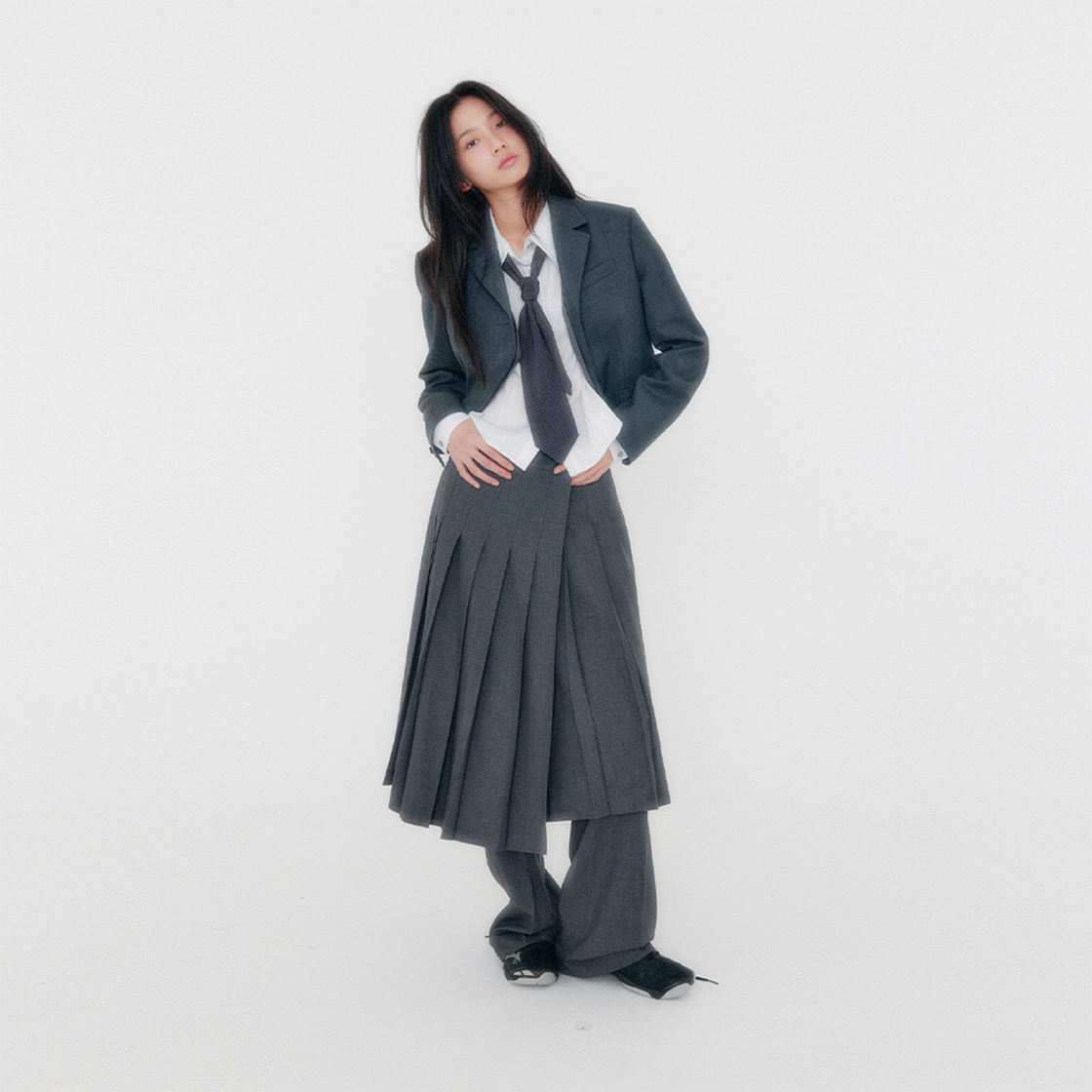 지지지 플리츠 랩 미디 스커트 멜란지 그레이(zeezeezee Pleated Wrap Midi Skirt Melange Grey) - 3