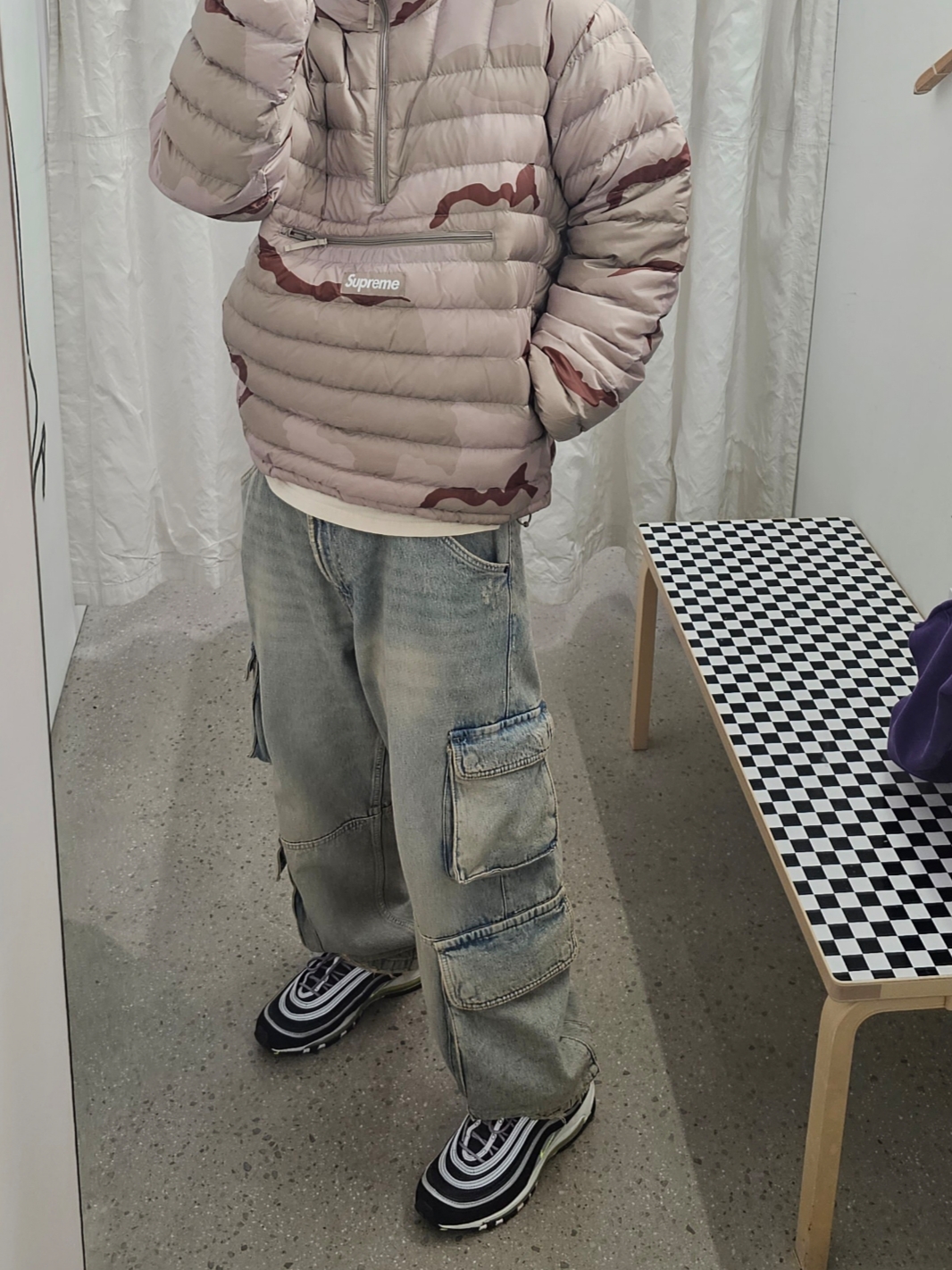 Supreme Micro Down Half Zip Hooded Pullover Desert Camo - 24FW, Zara Utility Cargo Jeans Blue 착용 스타일