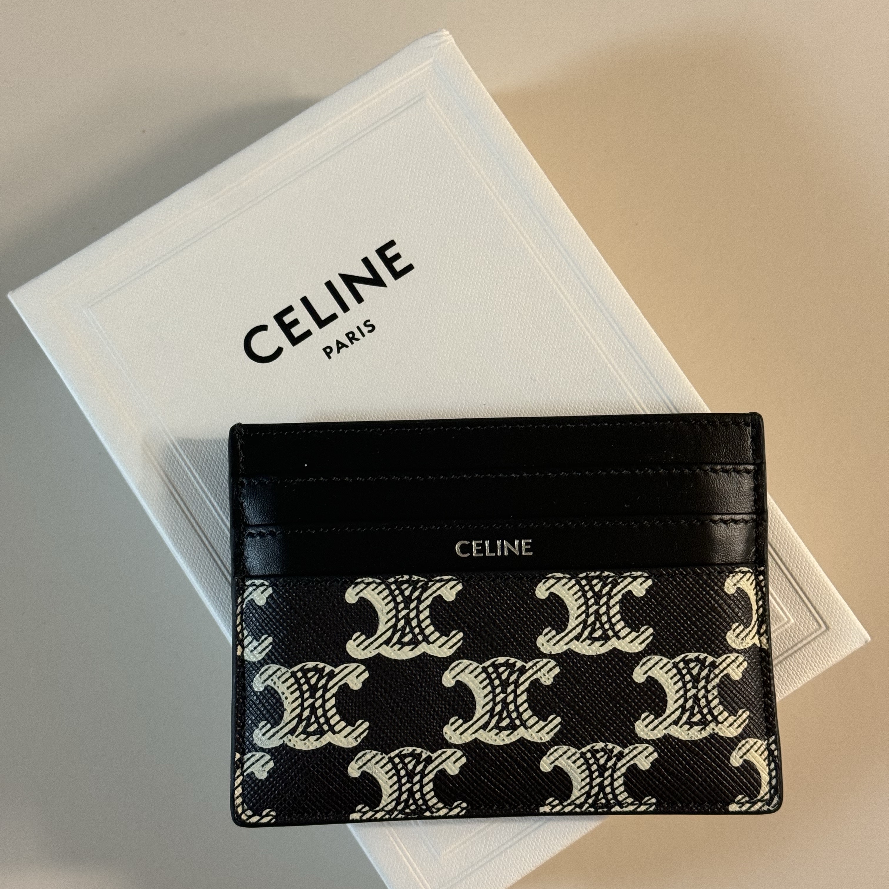 Celine Large Card Holder in Triomphe Canvas Two-Tone Calfskin Black White 착용 스타일 - 1
