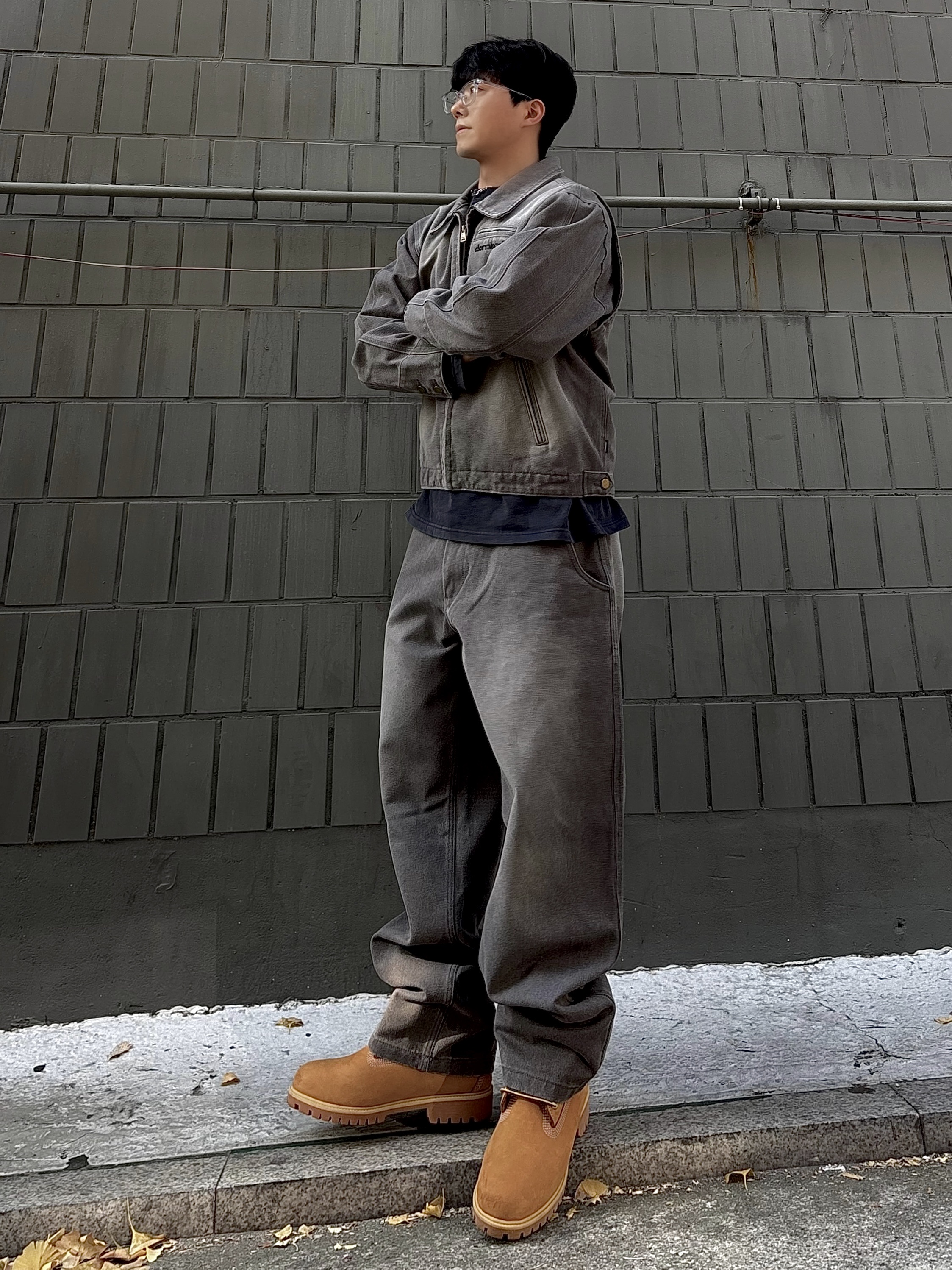 Dominant H.L Washing Work Jacket Puple Grey, Dominant H.L Washing Work Pants Purple Grey 착용 스타일 - 1