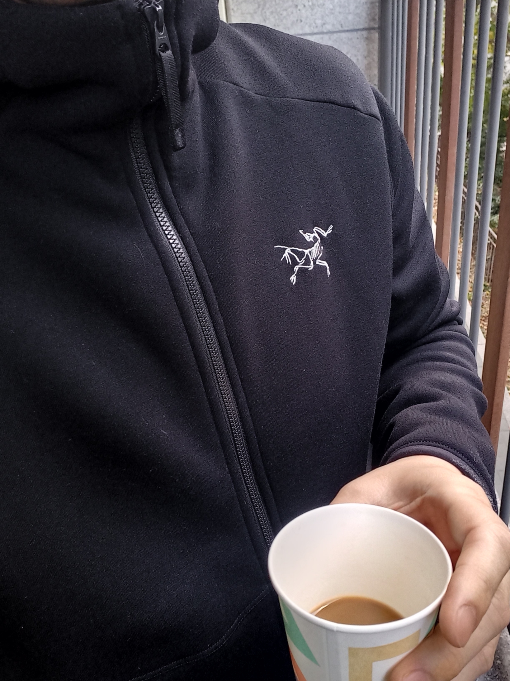 Arc'teryx Kyanite Pullover Hoodie Black, Salomon RX Slide 3.0 Black Plum Kitten 착용 스타일 - 1