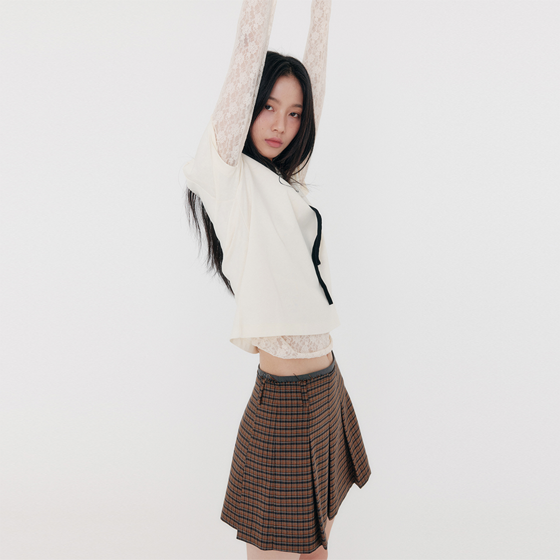지지지 체크 플리츠 미니스커트 머스타드 네이비(zeezeezee Check Pleated Miniskirt Mustard Navy) - 2
