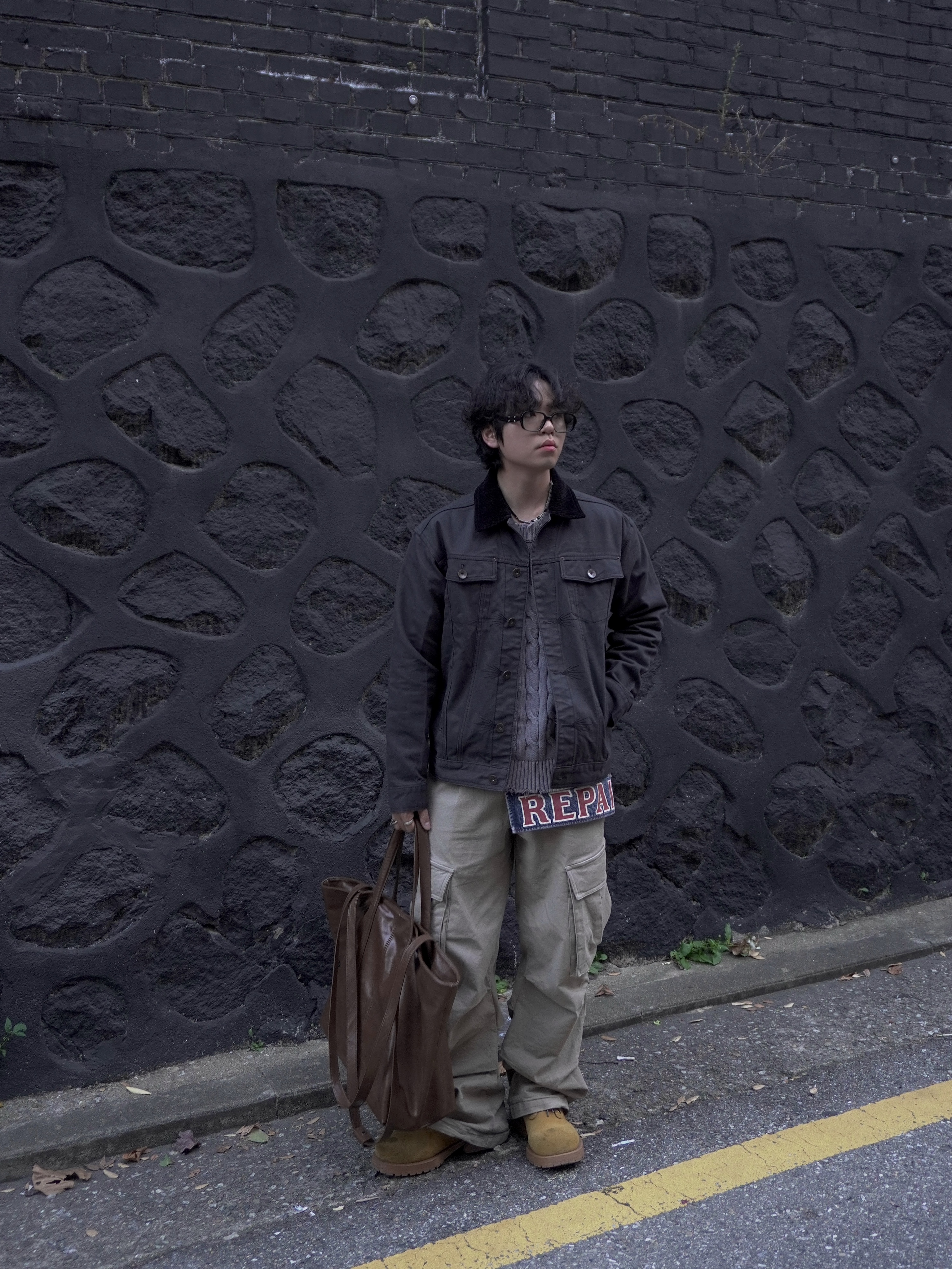 Kapital 13 oz. Denim Damaged Denim Repairspt Short Ad Apron Yellow (Processing), Kapital 13 oz. Denim Damaged Denim Repairspt Short Ad Apron Indigo (Processing) 착용 스타일 - 4