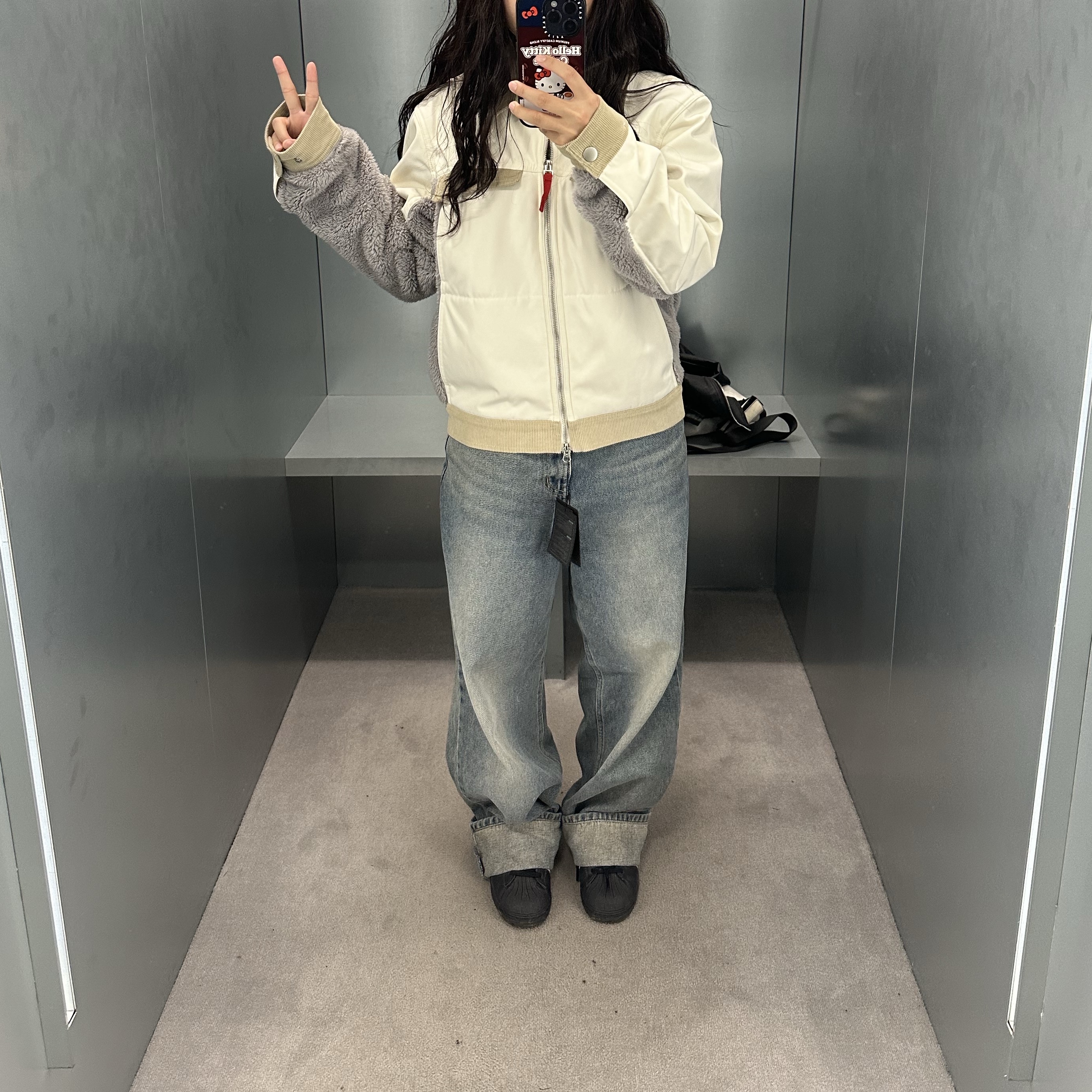 Sansan Gear Mixed Trucker Jacket Ivory 착용 스타일
