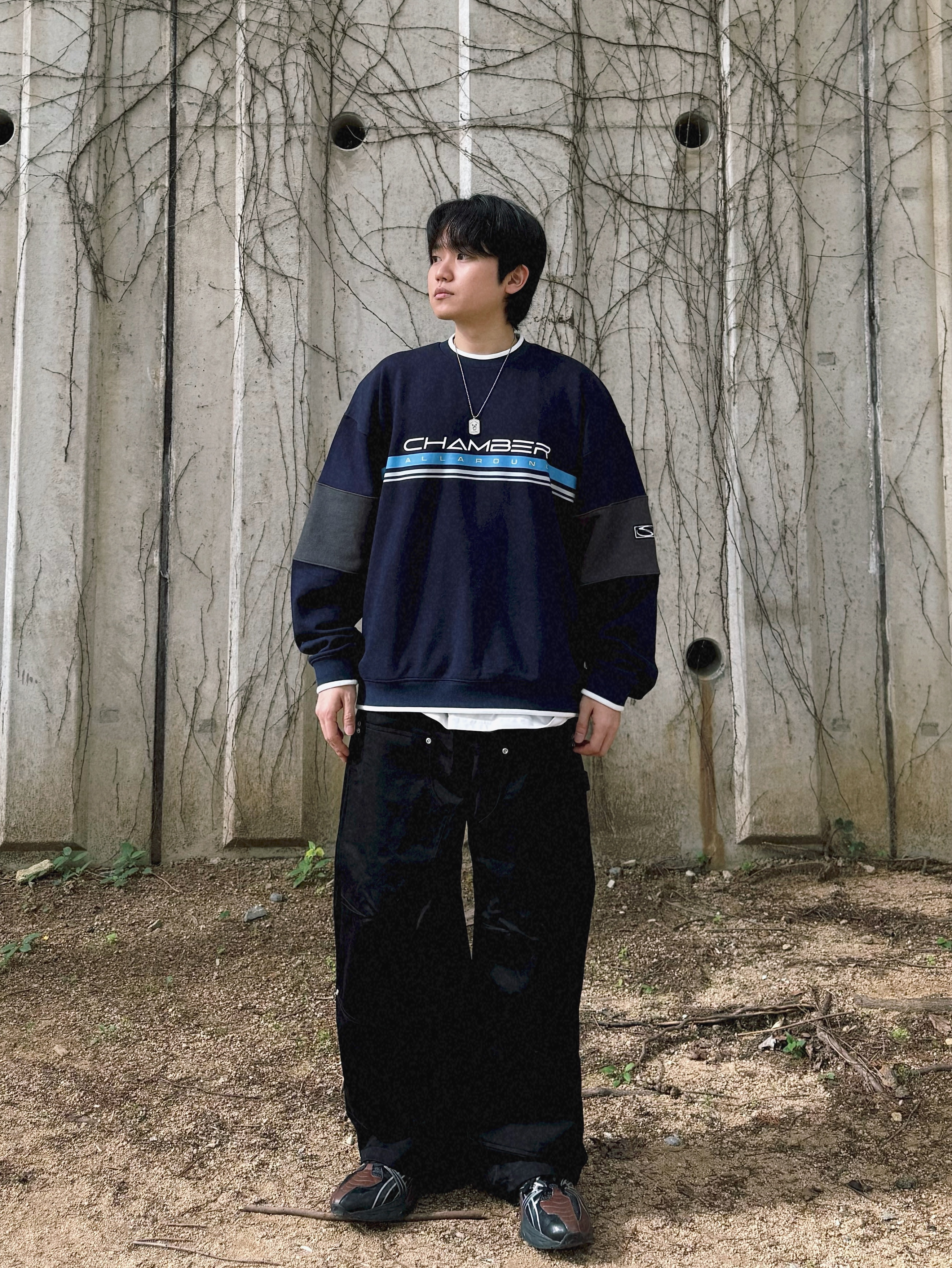 SPORT CHAMBER SC Block Sweatshirt Navy 착용 스타일
