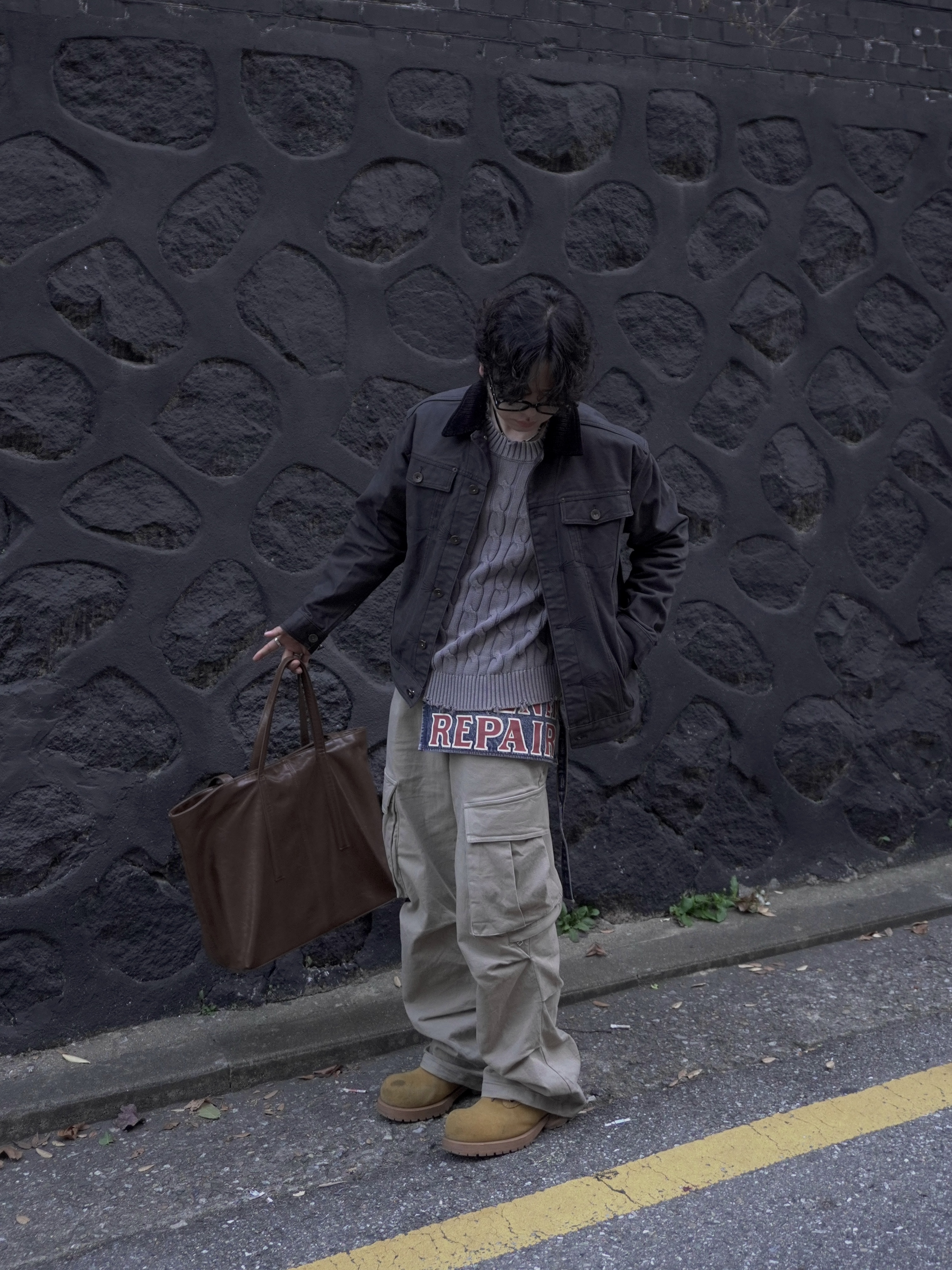 Kapital 13 oz. Denim Damaged Denim Repairspt Short Ad Apron Yellow (Processing), Kapital 13 oz. Denim Damaged Denim Repairspt Short Ad Apron Indigo (Processing) 착용 스타일 - 3