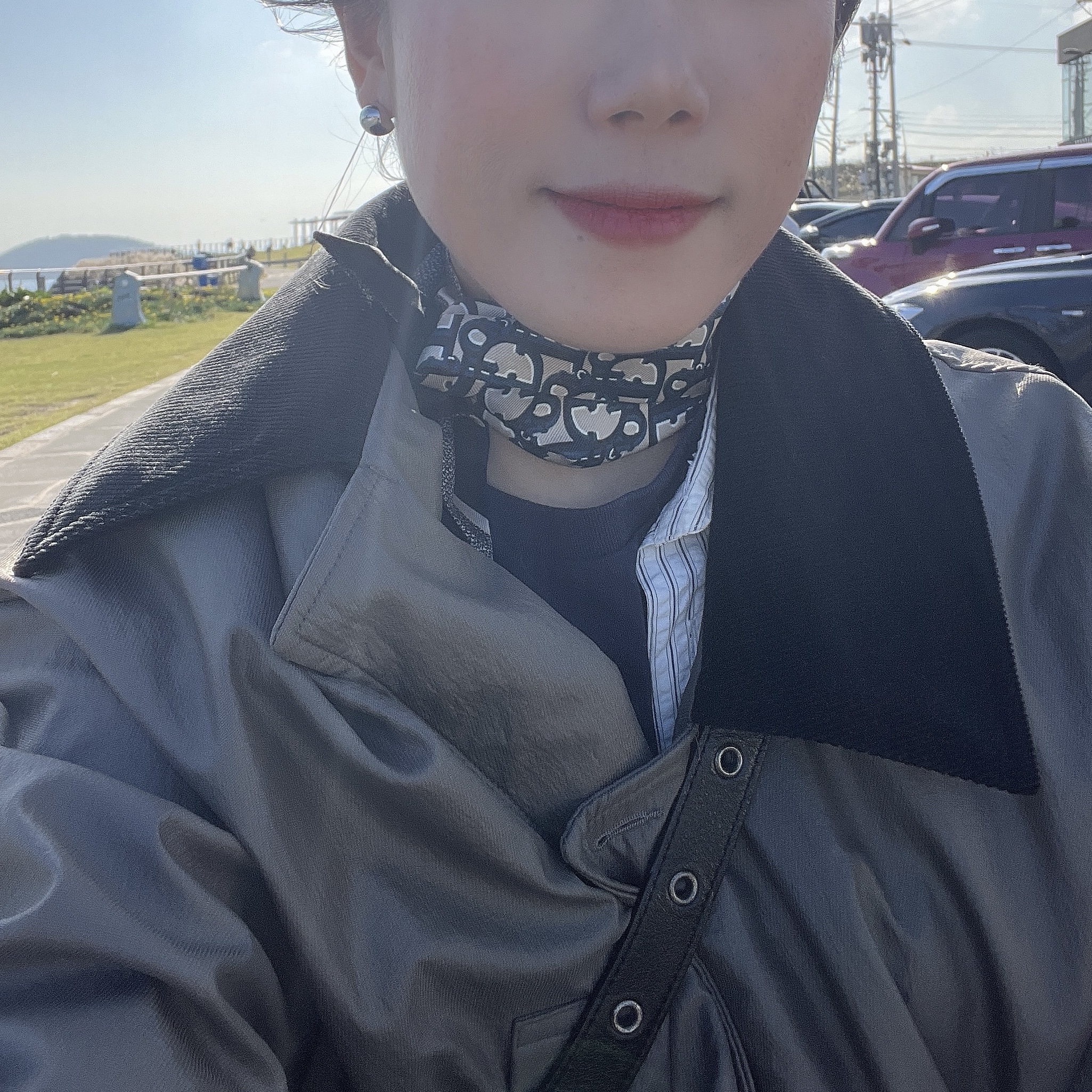 (W) Dior Oblique Mitzah Scarf Silk Twill Navy Blue 착용 스타일