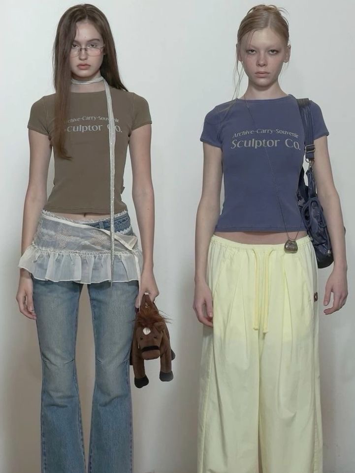 (W) Sculptor Classic Logo Halter Top White, Sculptor Reverse Block Denim Pants Light Denim Reverse 착용 스타일 - 3