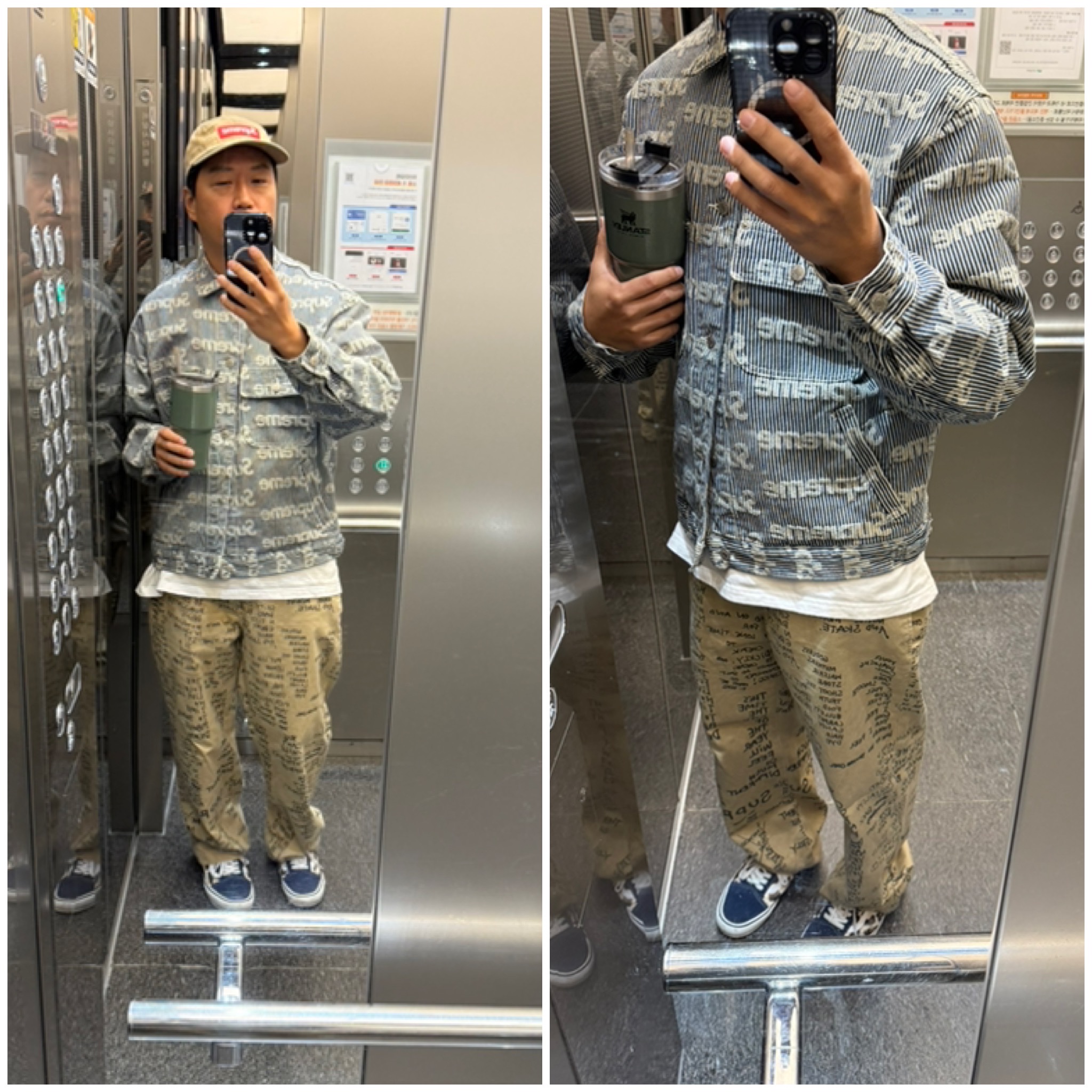 Supreme Denim Chore Trucker Jacket Stripe - 24SS, Supreme Washed Chino Twill Camp Cap Tan - 24FW 착용 스타일