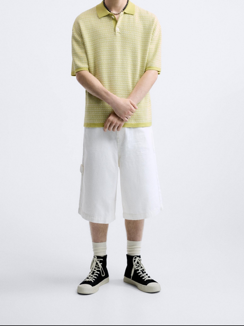 Zara Geometric Jacquard Knit Polo Shirt Washed Green, Maison Margiela Chalk Selvedge Denim Shorts Ice 착용 스타일