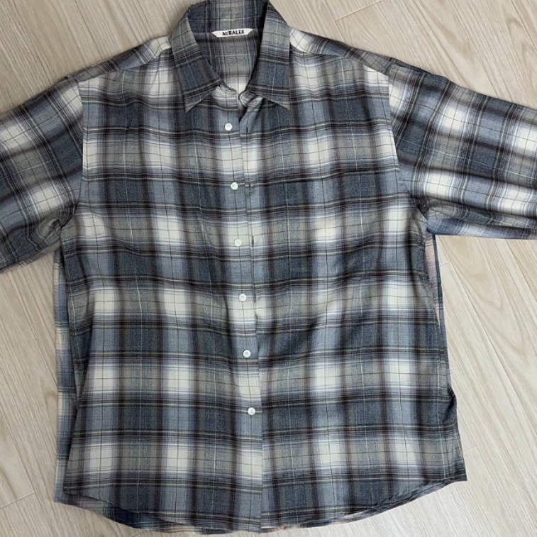 Auralee Super Light Wool Check Shirt Brown Herringbone Check - 22AW 착용 스타일
