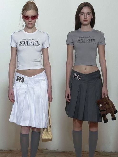 (W) Sculptor Classic Logo Halter Top White, Sculptor Reverse Block Denim Pants Light Denim Reverse 착용 스타일 - 4