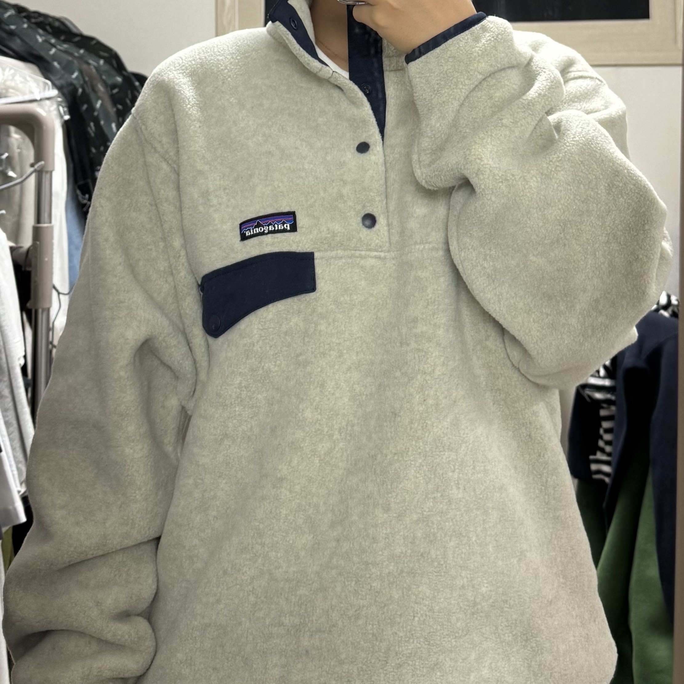 Patagonia Synchilla Snap-T Fleece Pullover Oatmeal Heather 착용 스타일 - 1