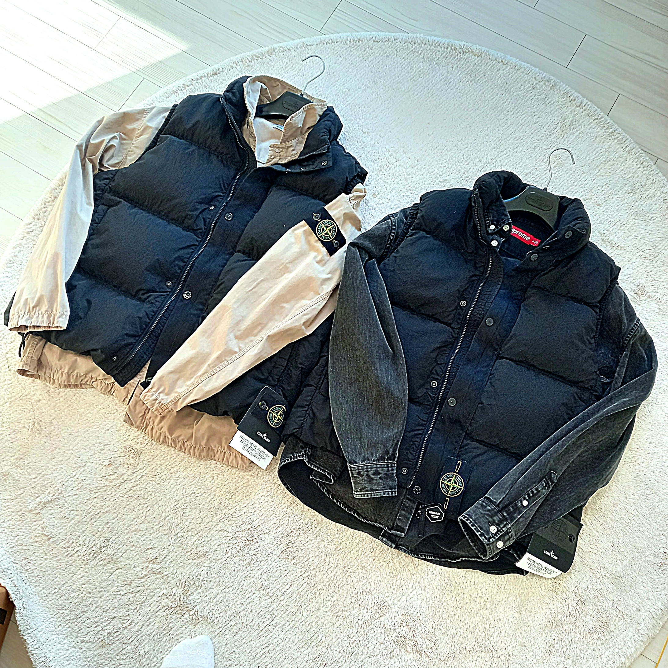 Stone Island G0419 Nylon Metal in Econyl Down Zip Vest with Anti Drop Black - 24FW, Stone Island 115WN Old Treatment Overshirt Dove Grey - 23SS 착용 스타일 - 3