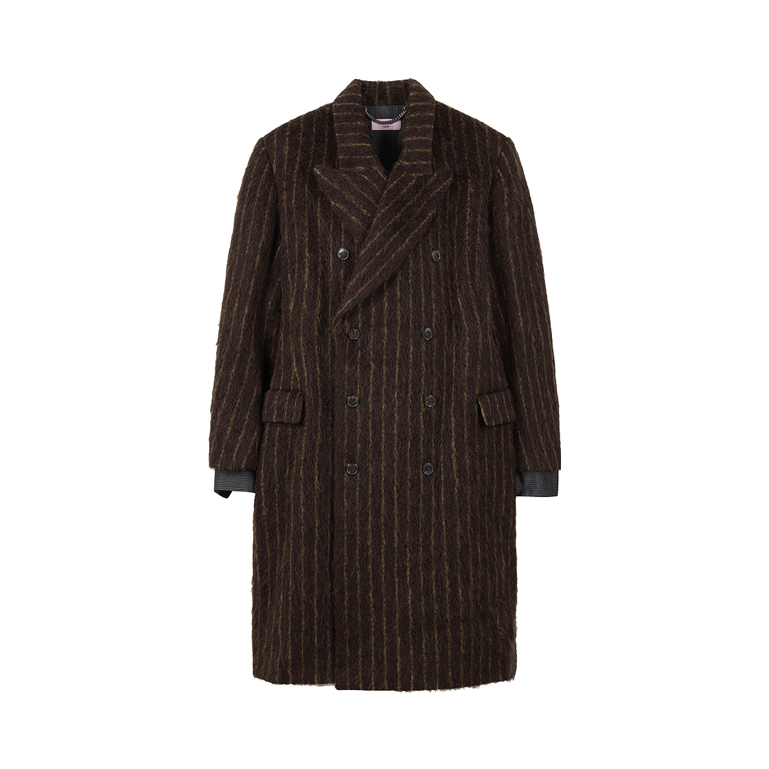 마틴 로즈 더블 브레스티드 셔츠 오버코트 브라운 골드 스트라이프 - 24FW(Martine Rose Double Breasted Shirt Overcoat Brown Gold Stripe - 24FW)