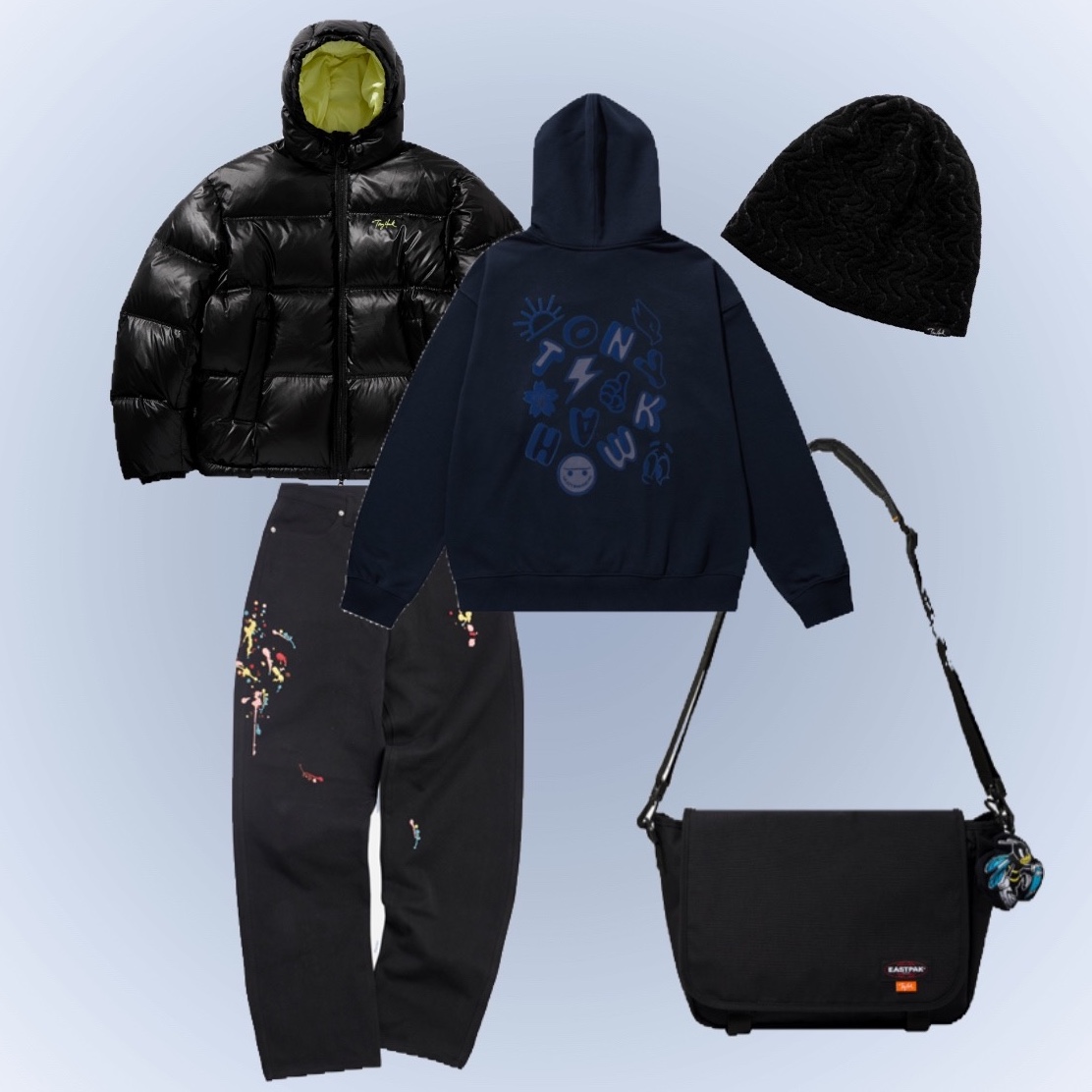 TONY HAWK Balboa Ripstop Hooded Down Short Puffer Black, TONY HAWK Kitsch Graphic Hoodie Navy 착용 스타일