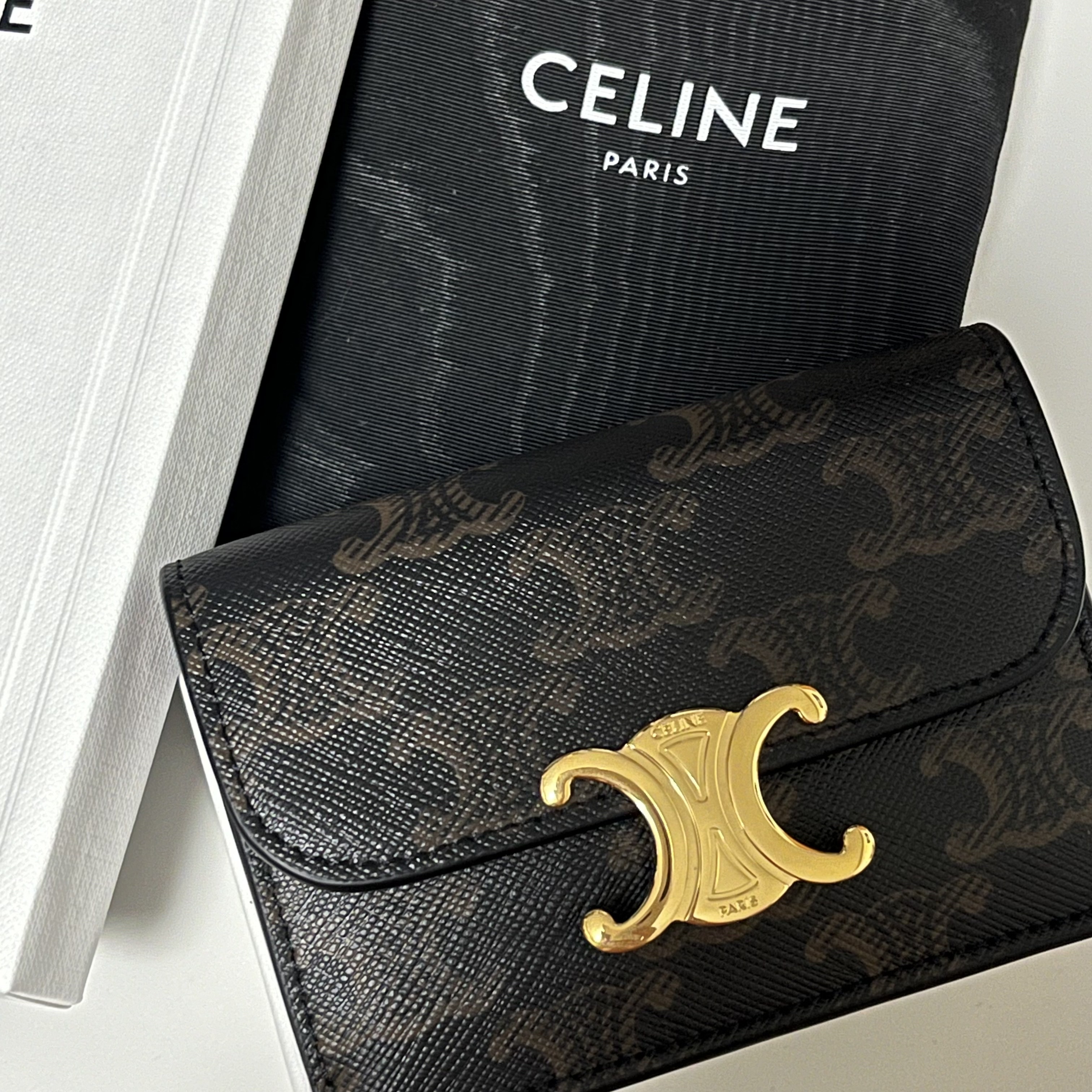 Celine Card Holder with Flap in Triomphe Canvas Tan 착용 스타일
