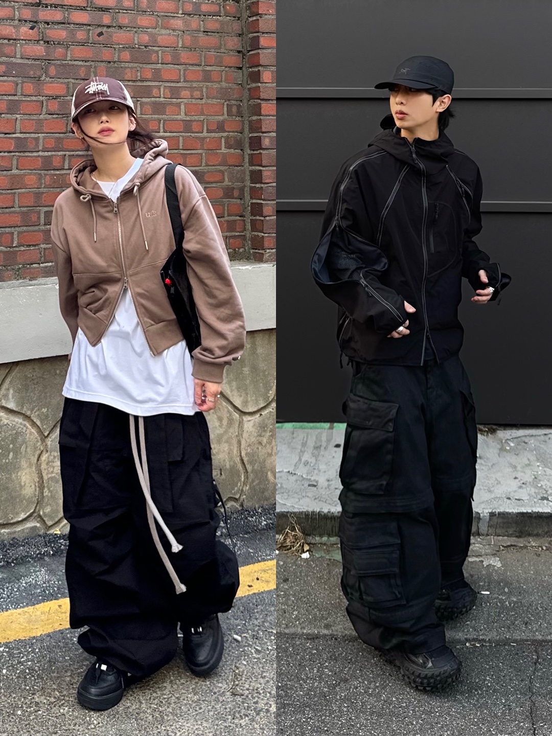 Wapworks Wide Safety Cargo Pants Black, Project G/R Oversized Convertible Cargo Pants Coated Black 착용 스타일 - 2