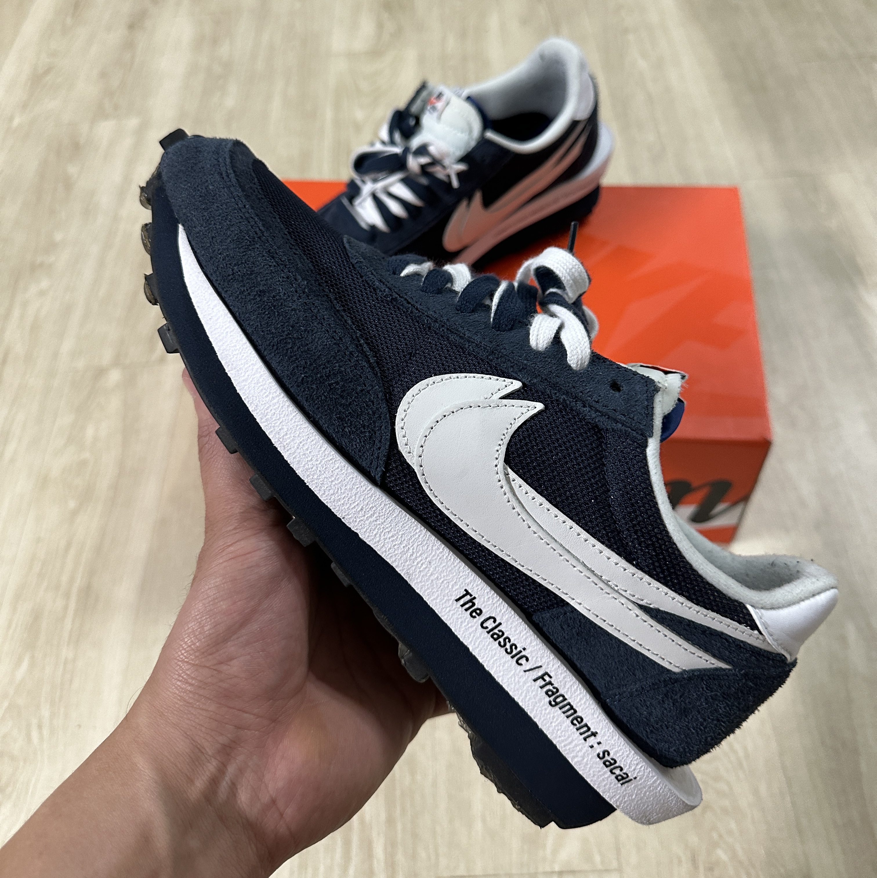 Nike x Sacai x Fragment LDWaffle Blackened Blue, Nike x Sacai x Fragment LDWaffle Light Smoke Grey 착용 스타일 - 1