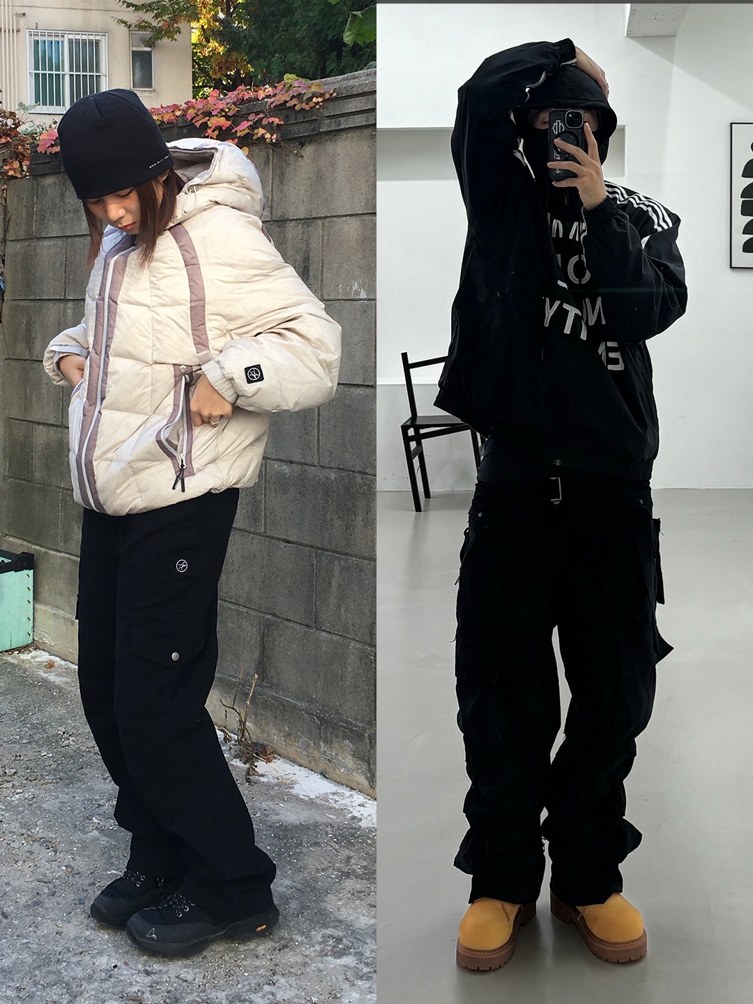 Wapworks Wide Safety Cargo Pants Black, Project G/R Oversized Convertible Cargo Pants Coated Black 착용 스타일 - 3