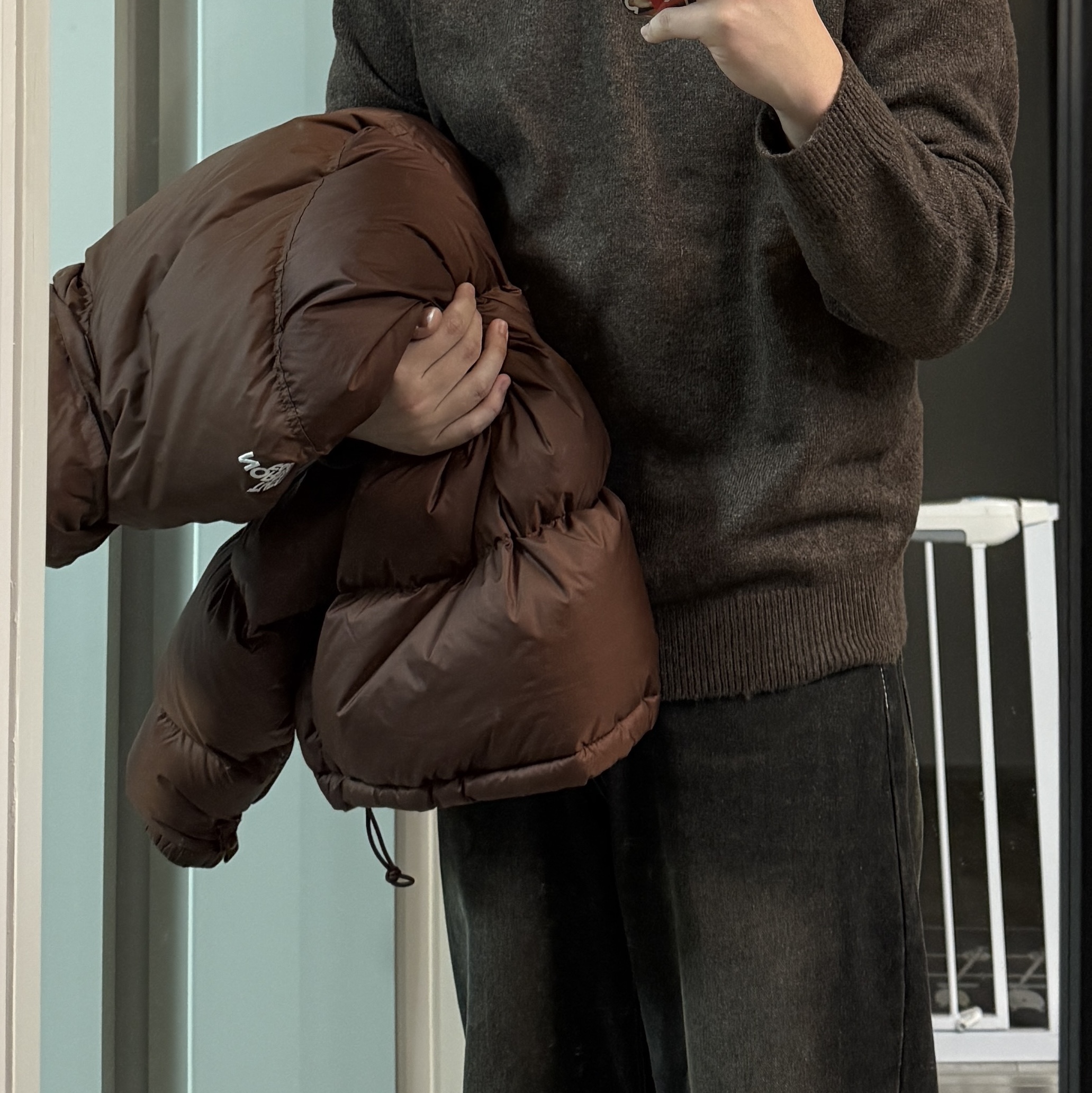 The North Face 1996 Retro Nuptse Jacket Dark Oak, Apple iPhone 16 Pro 256GB Black Titanium (Korean Ver.) 착용 스타일 - 2