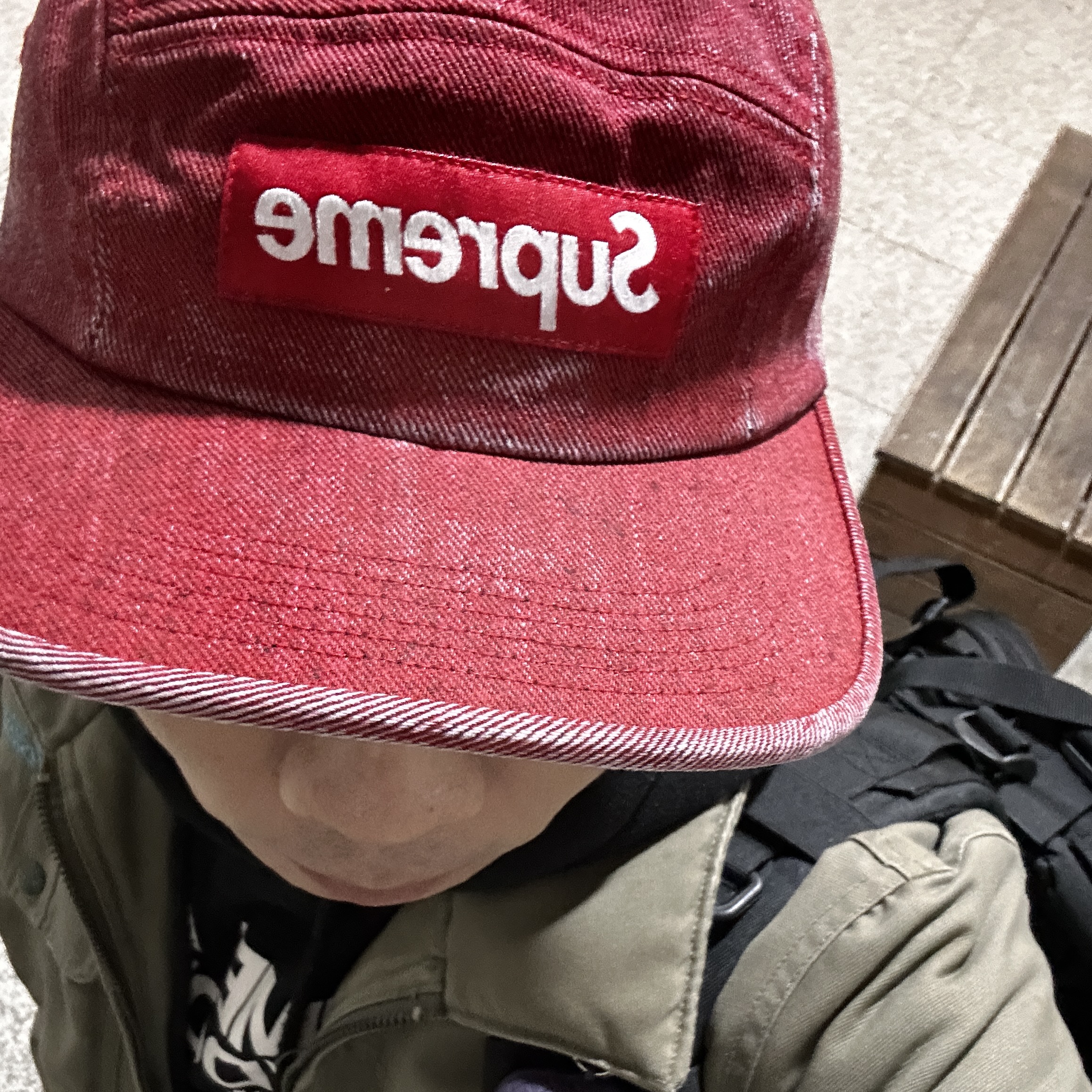 Supreme Coated Denim Camp Cap Red - 24SS 착용 스타일