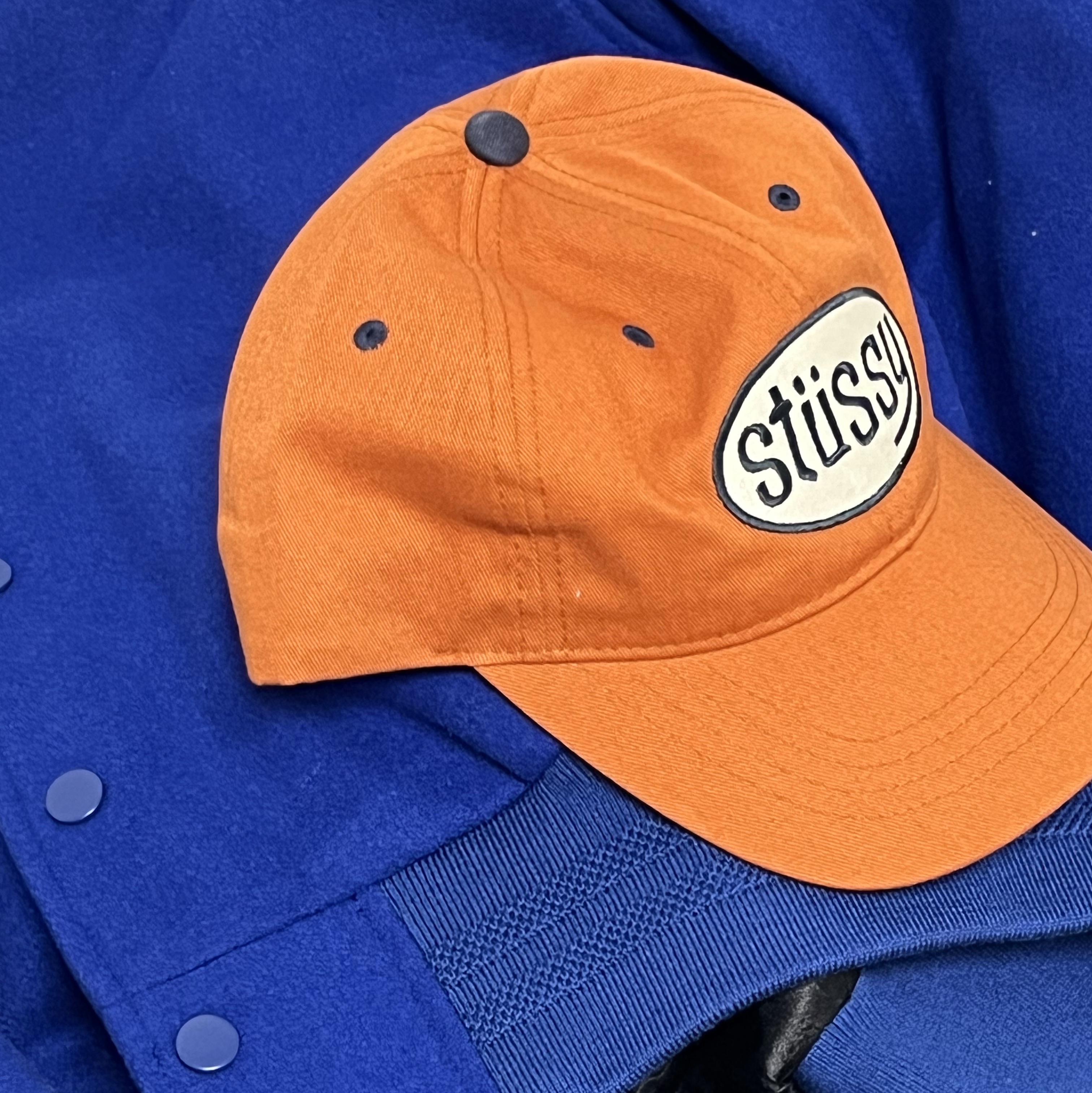 Stussy Pitstop Low Pro Cap Rust, Stussy Sport Melton Varsity Jacket Royal 착용 스타일 - 2