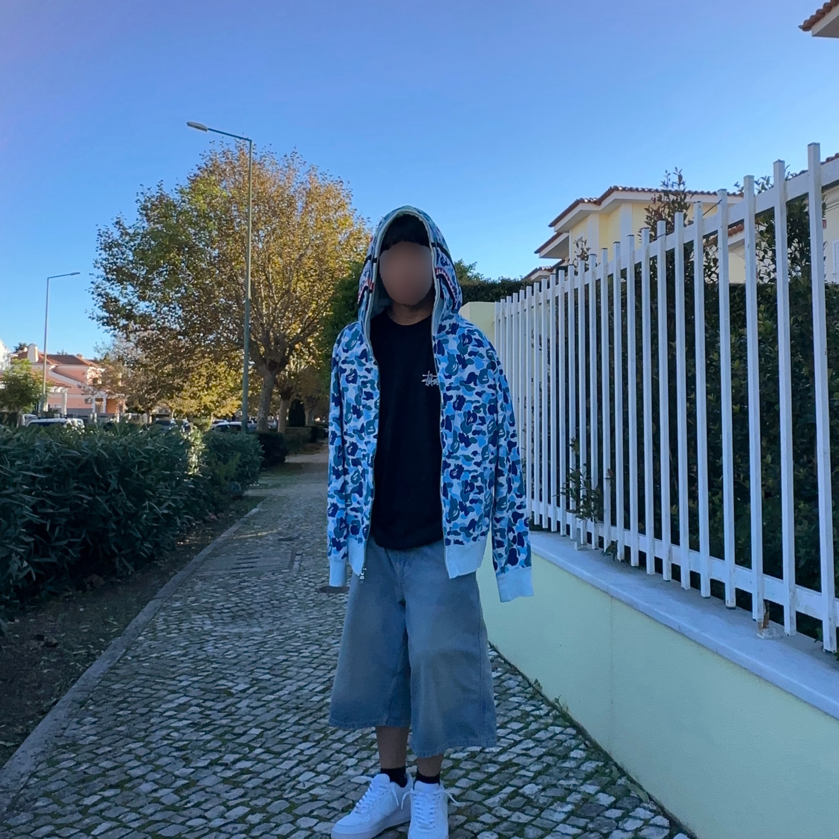 BAPE ABC Camo Double Shark Full Zip Hoodie Light Blue, Stussy California Grown Pigment Dyed T-Shirt Black 착용 스타일