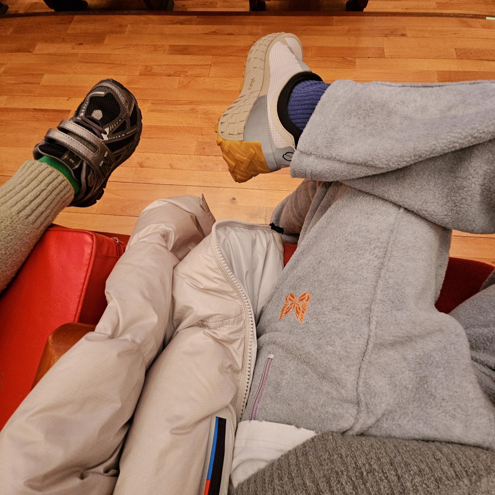 Needles x LHP H.D. Track Pants Grey, (W) Salomon Contour Down Jacket Light Grey 착용 스타일