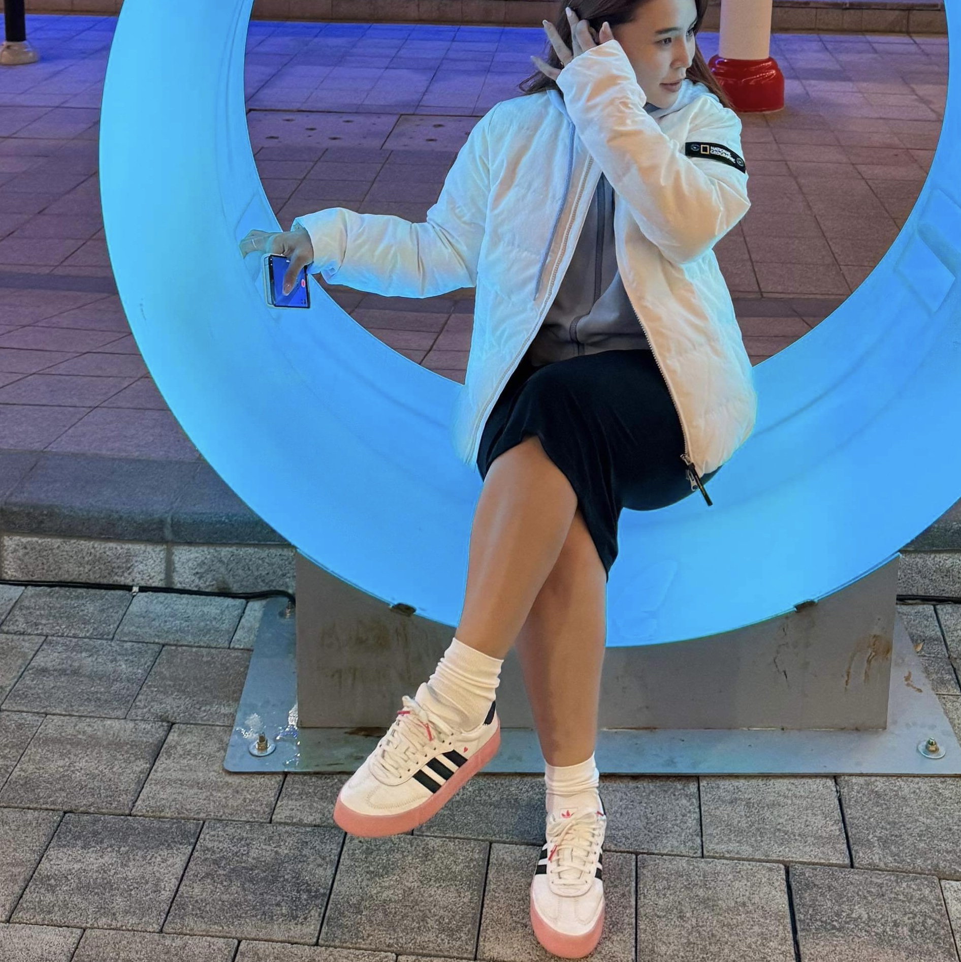 (W) Adidas Sambarose White Pink 착용 스타일