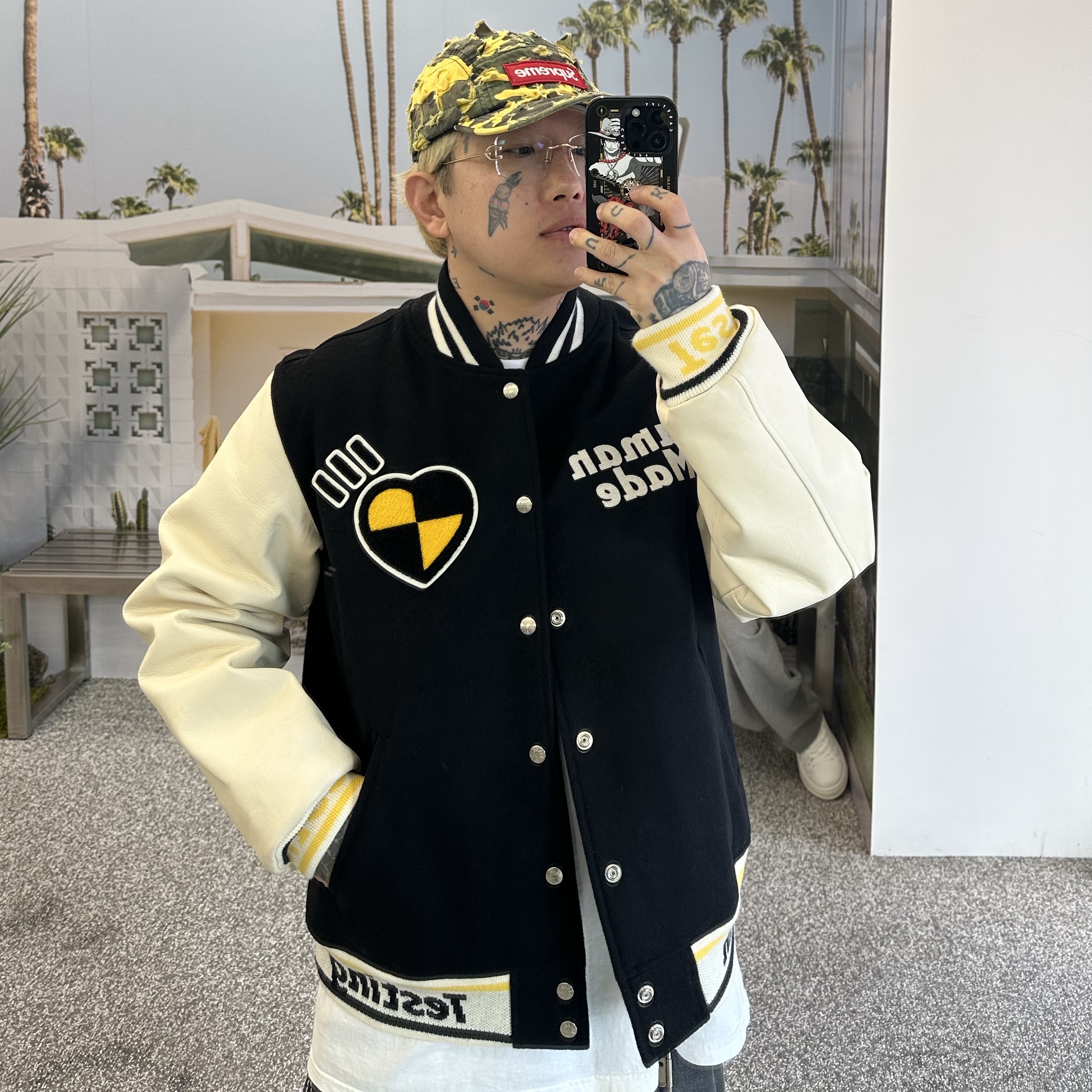 Human Made x A$AP Rocky Human Testing Varsity Jacket Black, Supreme Griffin Camp Cap Yellow Camo - 22FW 착용 스타일 - 2
