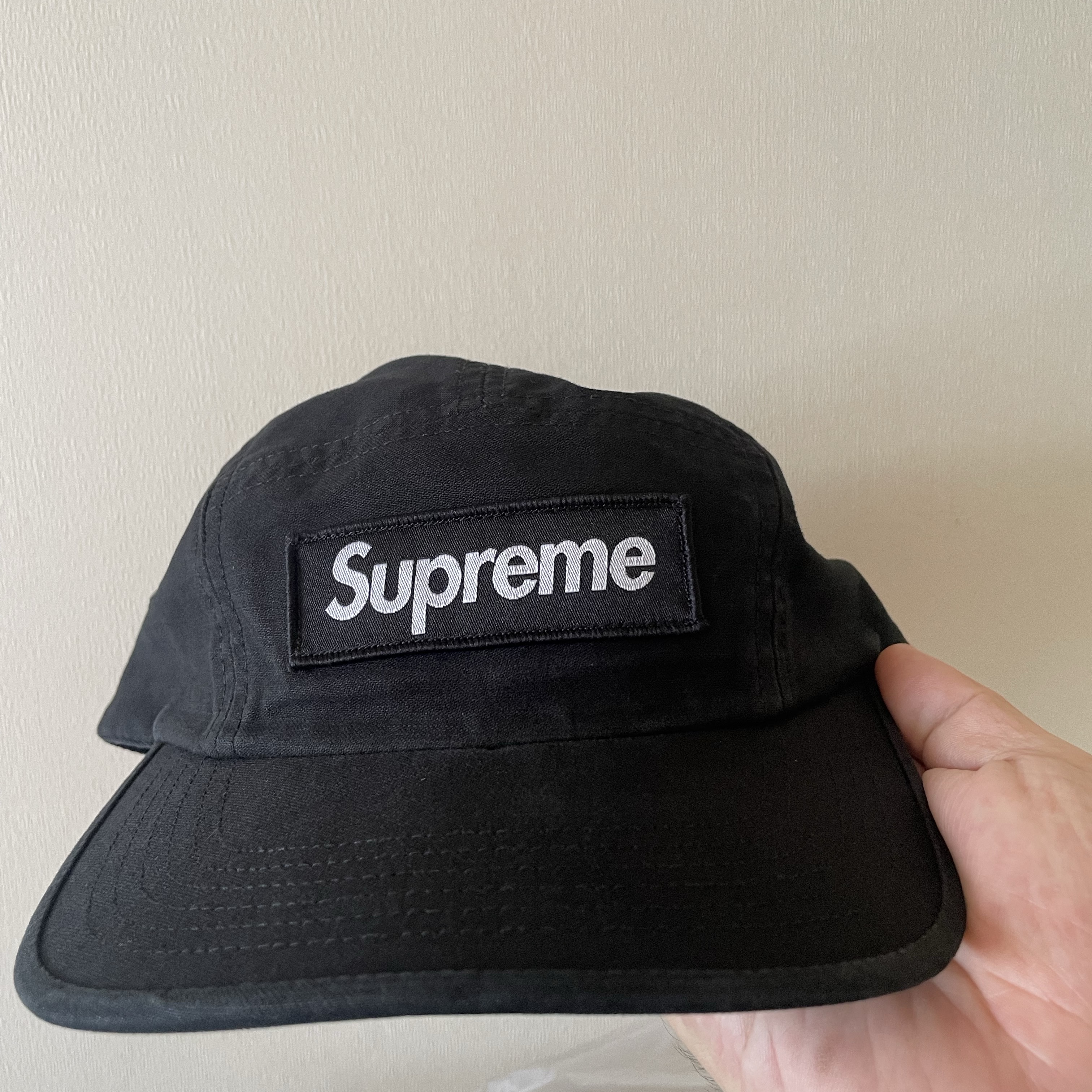 Supreme Washed Chino Twill Camp Cap Black - 24SS 착용 스타일