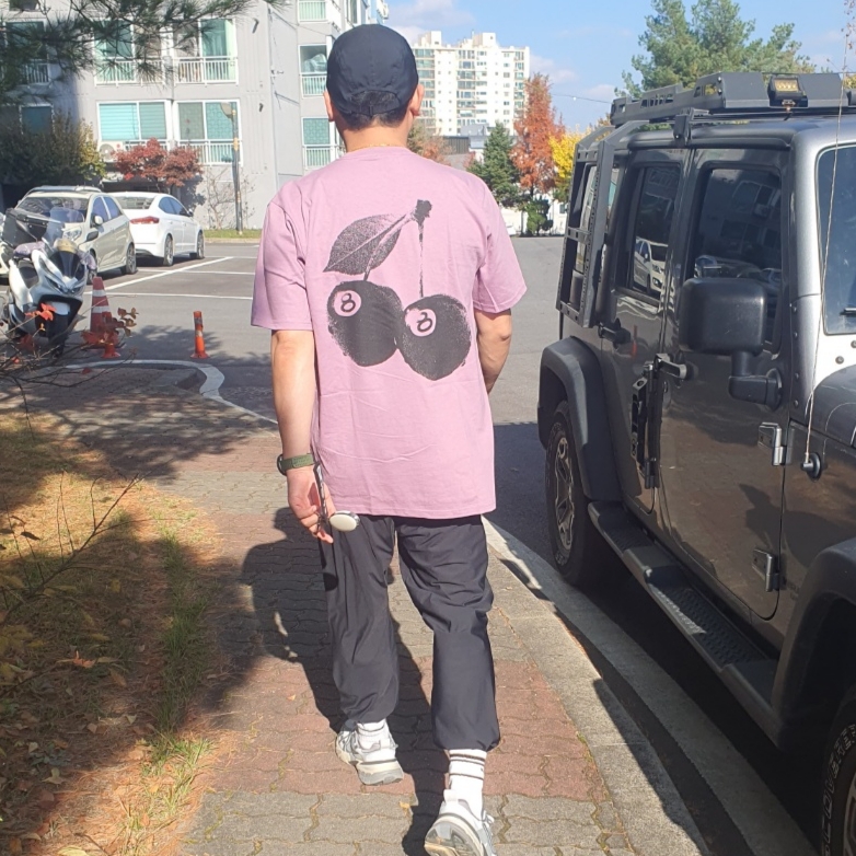 Stussy Cherries T-Shirt Orchid, Nike V2K Run Pure Platinum Wolf Grey 착용 스타일