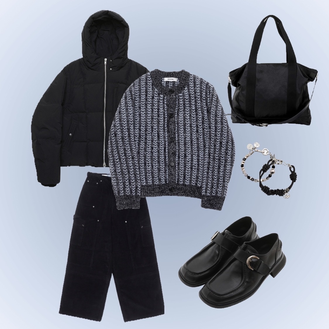 Haleine Roundneck Mouline Wool Cardigan Navy (VJ324), Haleine Carpenter Cargo Corduroy Pants Black (VB312) 착용 스타일