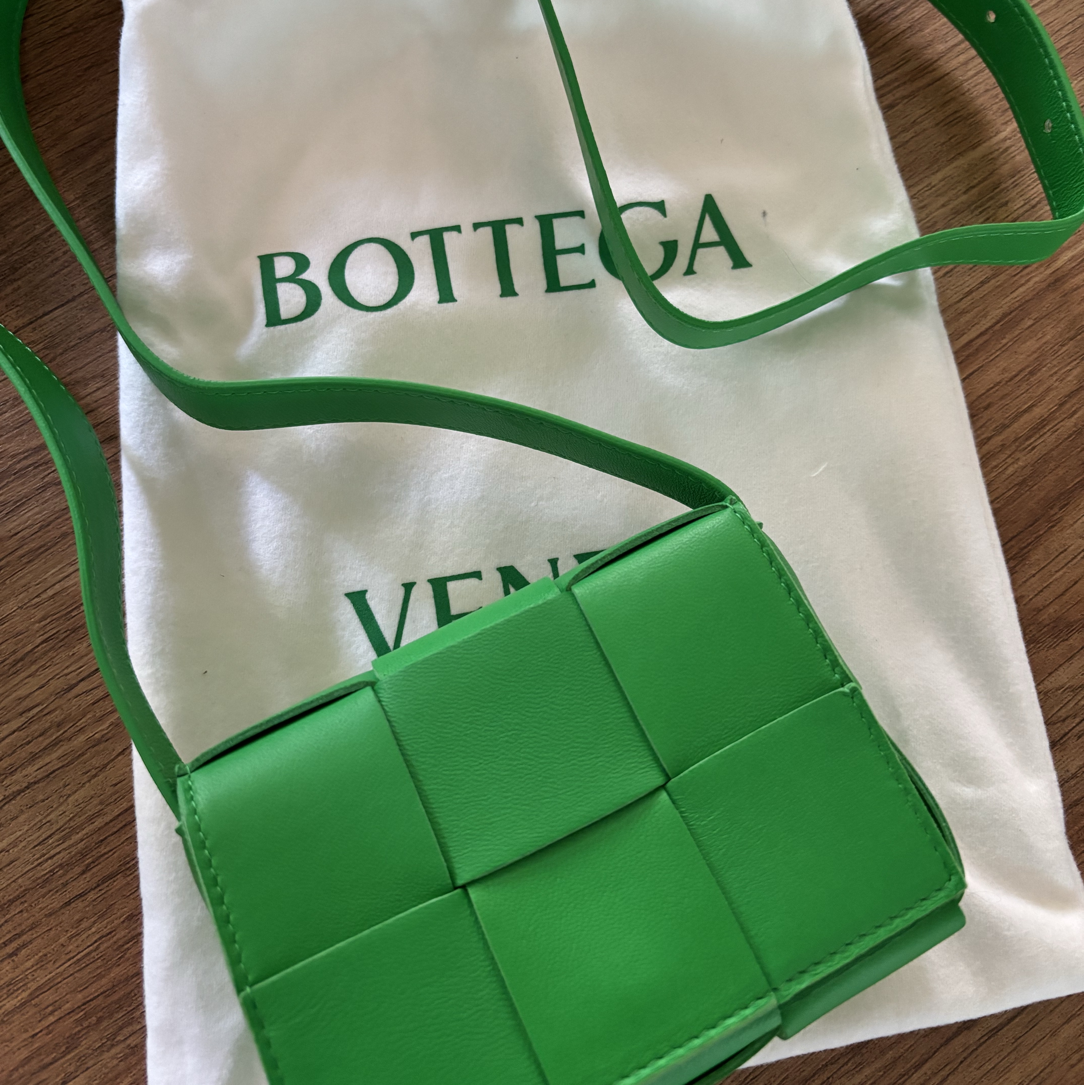Bottega Veneta Mini Leather Cassette Parakeet 착용 스타일