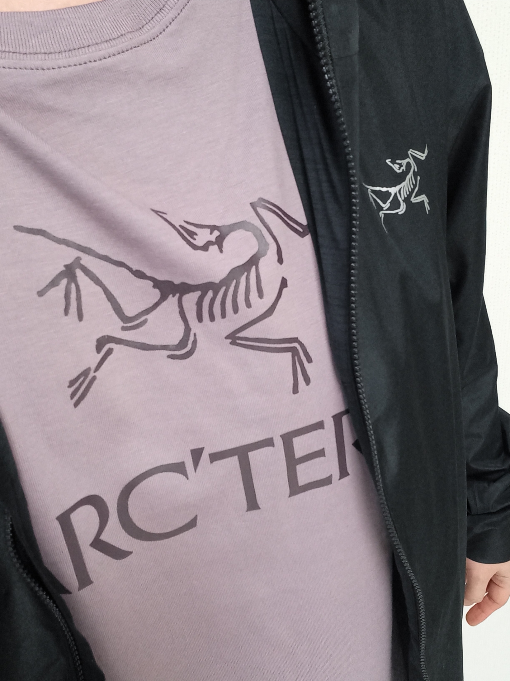 Arc'teryx Solano Hoody Black, Arc'teryx Arc'word Logo SS T-Shirt Interstellar Phantasm 착용 스타일 - 1