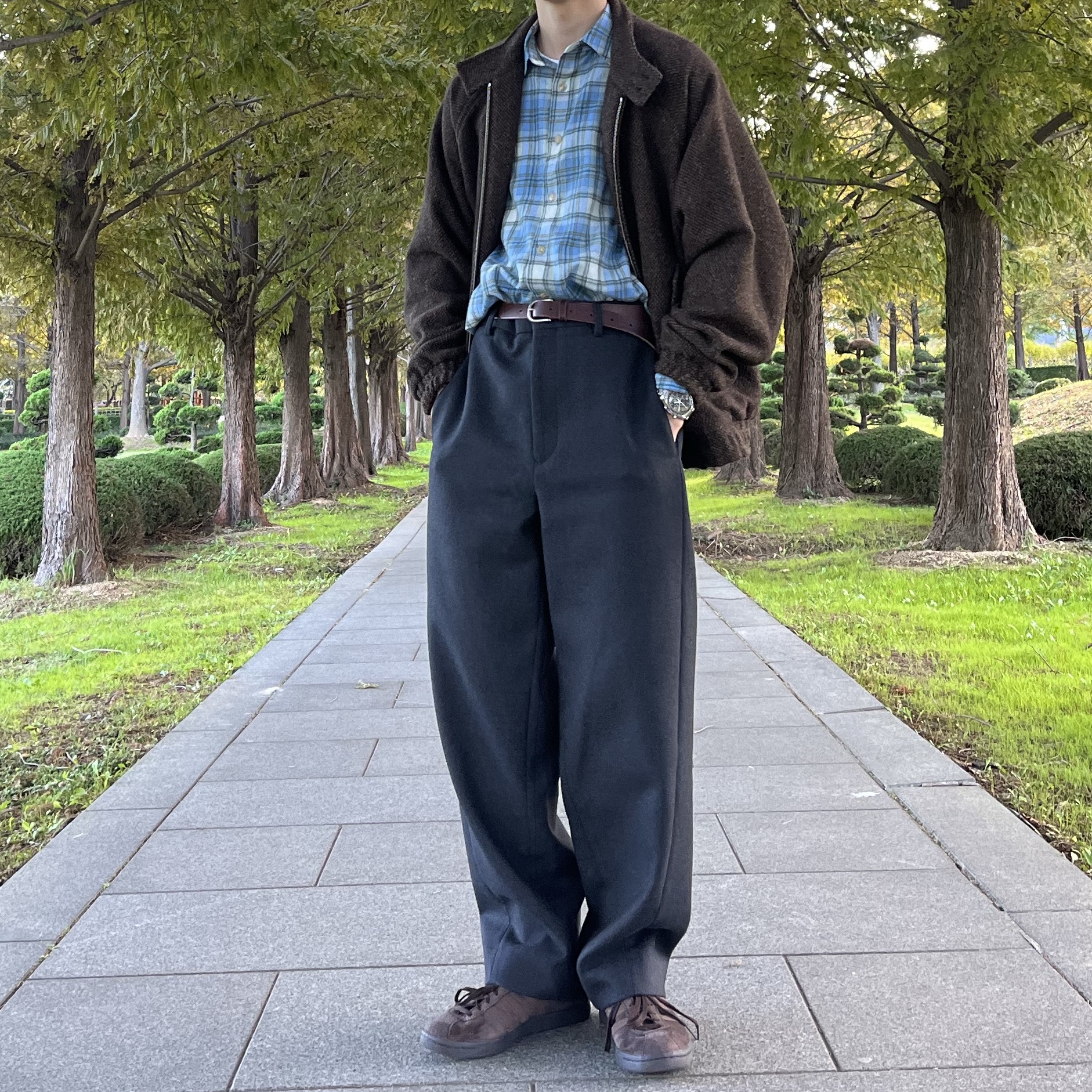 Auralee Airy Wool Check Shirt Blue Check, Auralee Lama Shetland Wool Tweed Zip Blouson Brown Tweed 착용 스타일