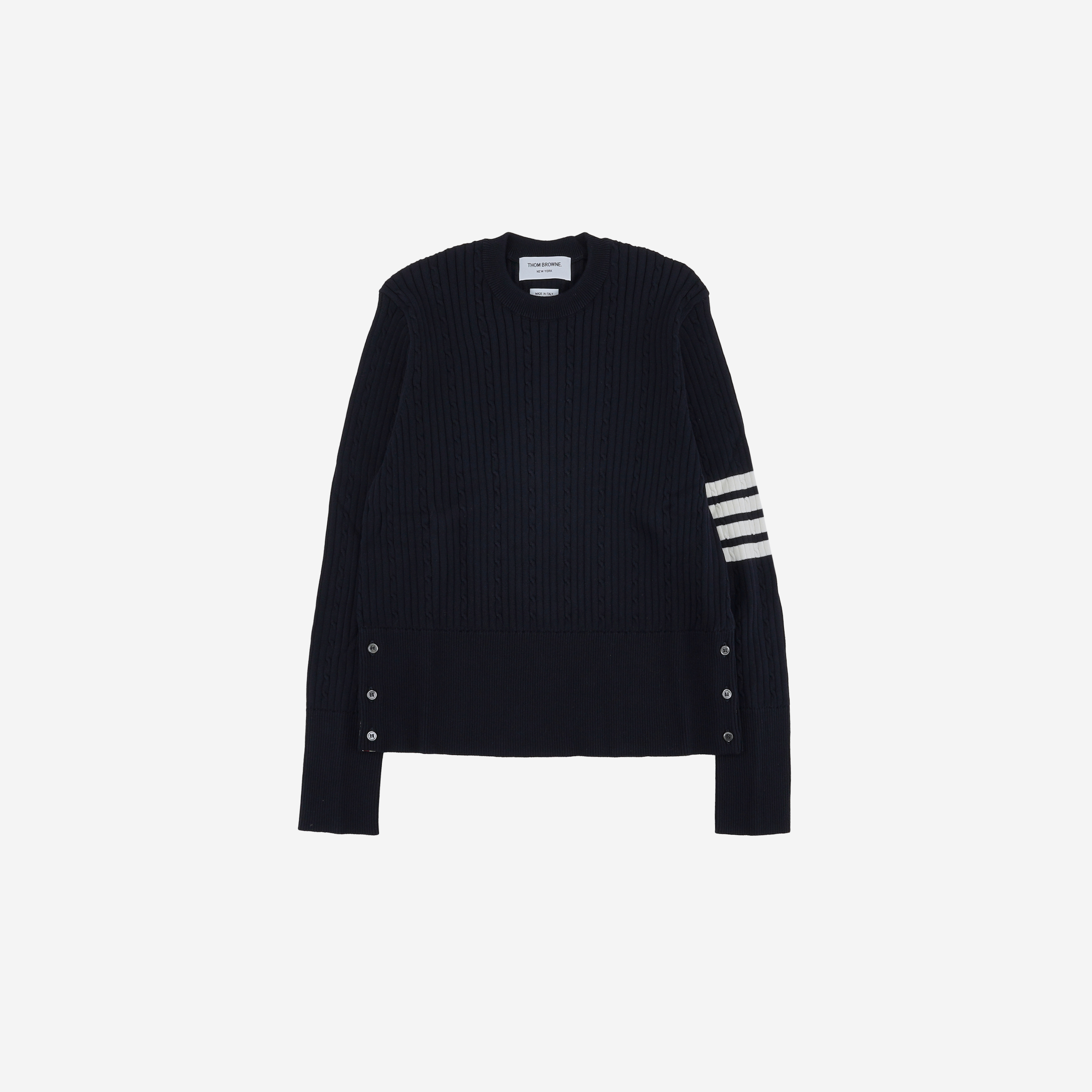 Thom Browne Baby Cable Rib Cotton 4-Bar Crew Neck Pullover Navy